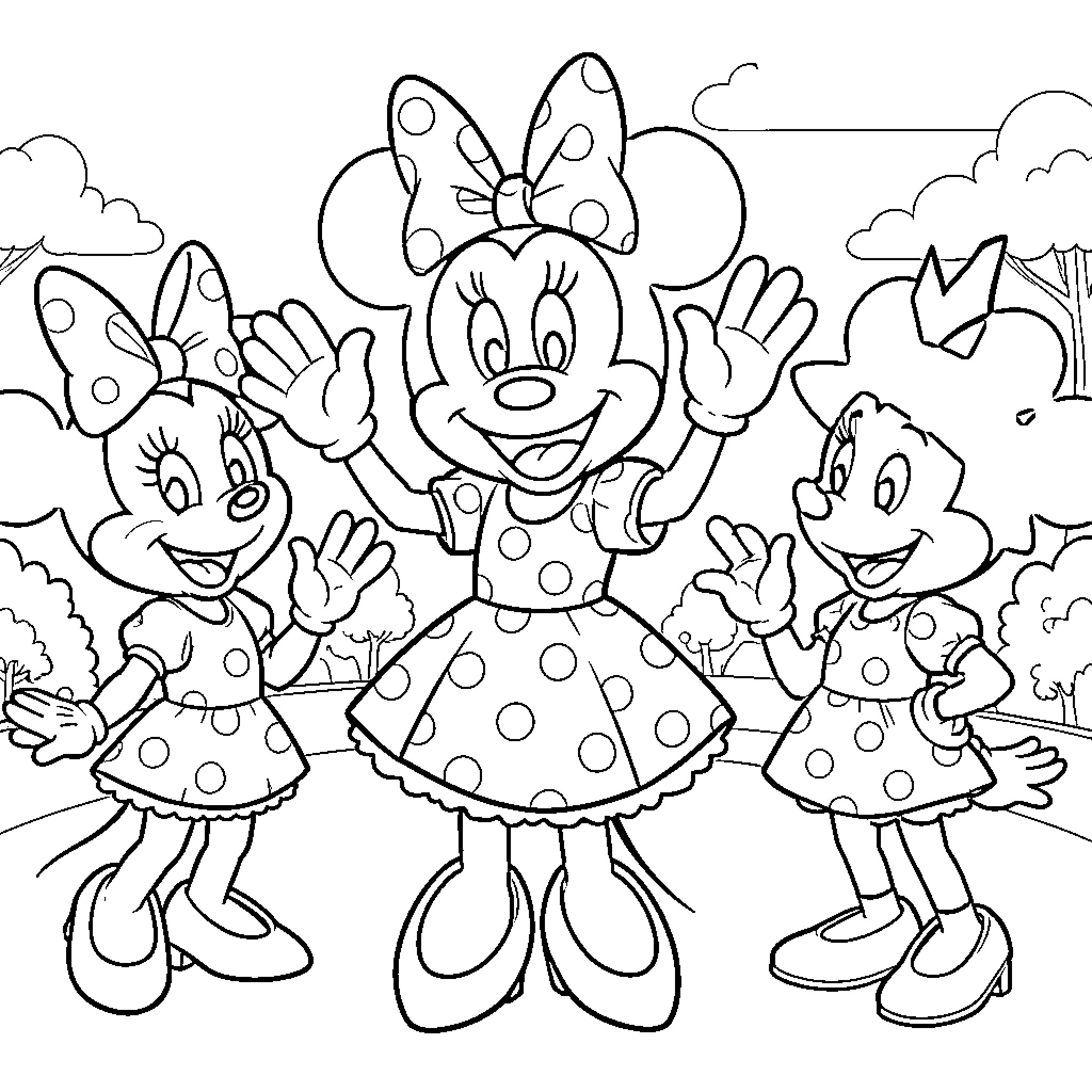 Minnie Mouse and friends waving happily together Coloring Page (free black-and-white line drawing printable PDF for all, from beginners to advanced learners, including children, teens, adults, and seniors)