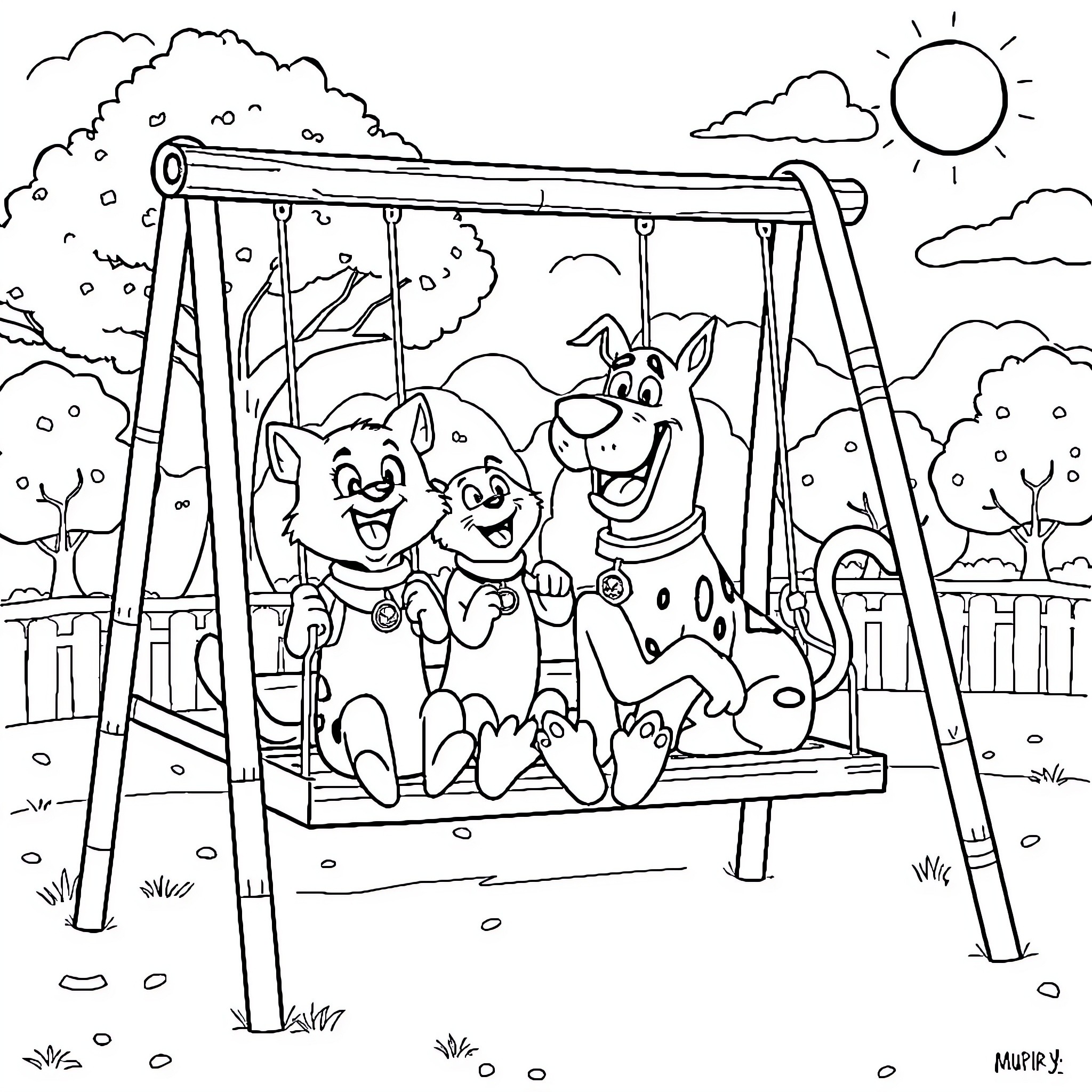 Dog friends playing joyfully on a swing Coloring Page (free black-and-white line drawing printable PDF for all, from beginners to advanced learners, including children, teens, adults, and seniors)