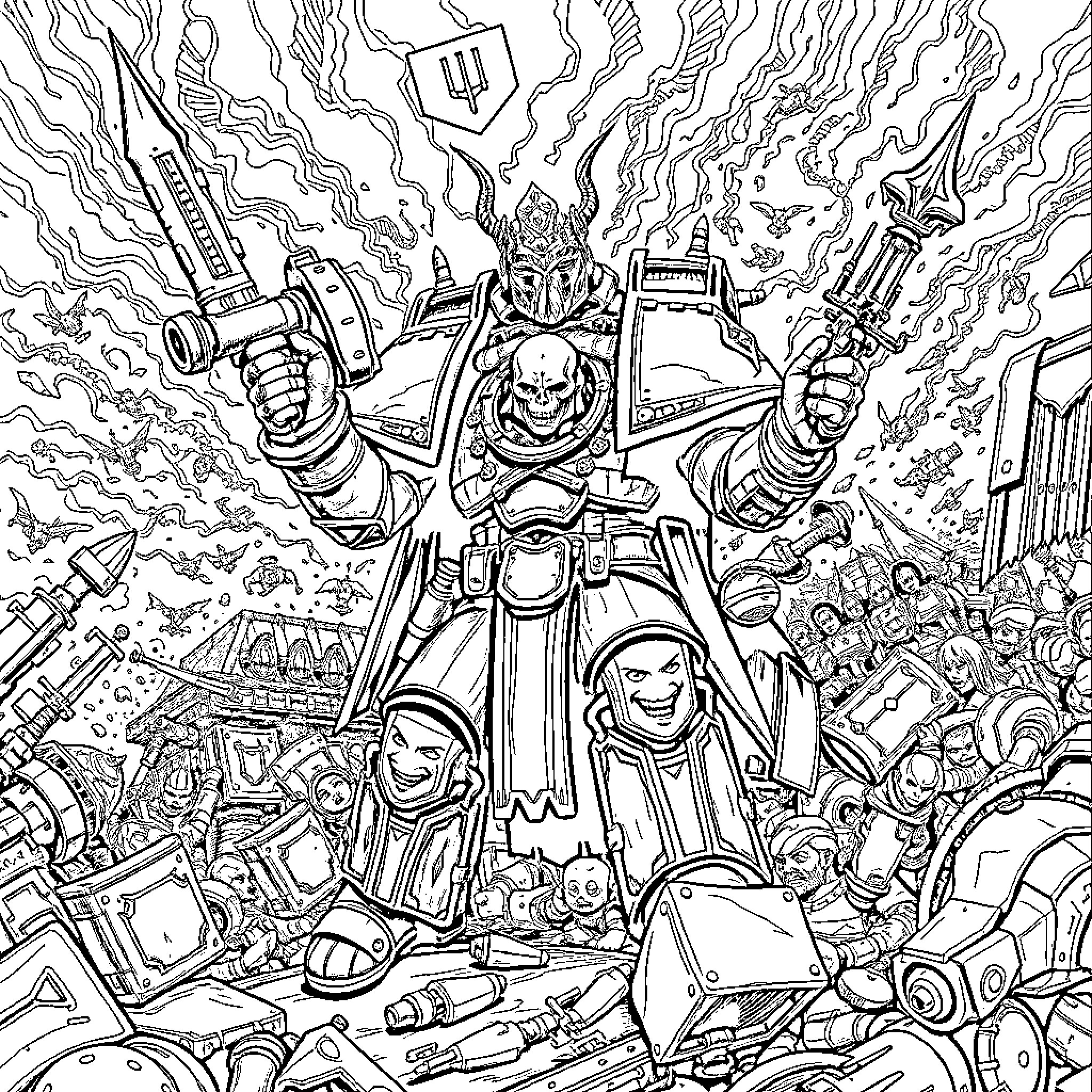Warhammer Epic Battle with Futuristic Warrior Leader Coloring Page (free black-and-white line drawing printable PDF for all, from beginners to advanced learners, including children, teens, adults, and seniors)