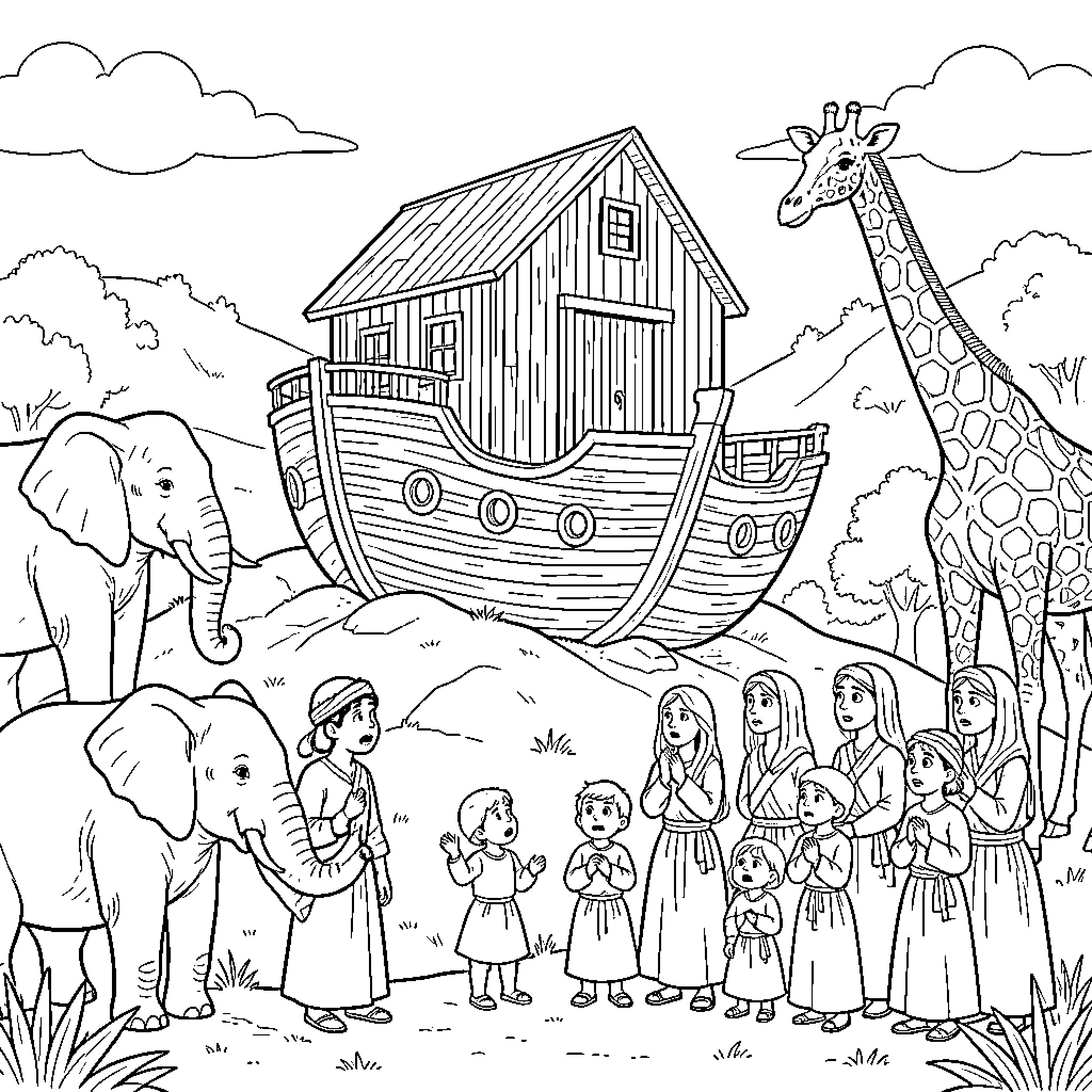 Noah's Ark with Animals and People Coloring Page (free black-and-white line drawing printable PDF for all, from beginners to advanced learners, including children, teens, adults, and seniors)