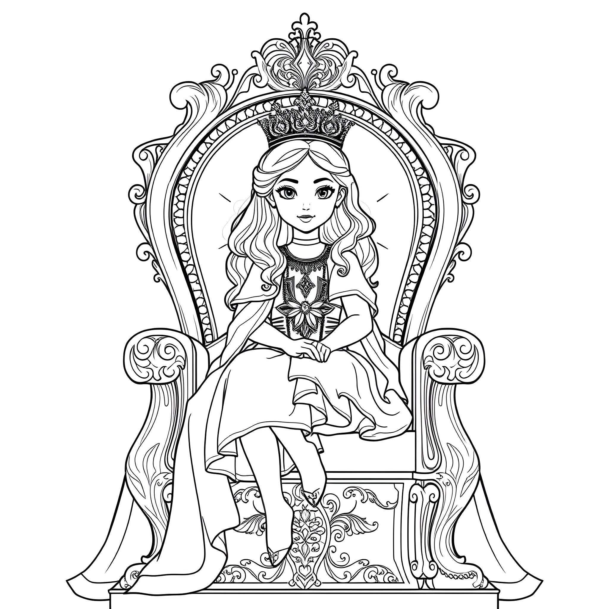 Girl sitting on an ornate throne Coloring Page (free black-and-white line drawing printable PDF for all, from beginners to advanced learners, including children, teens, adults, and seniors)