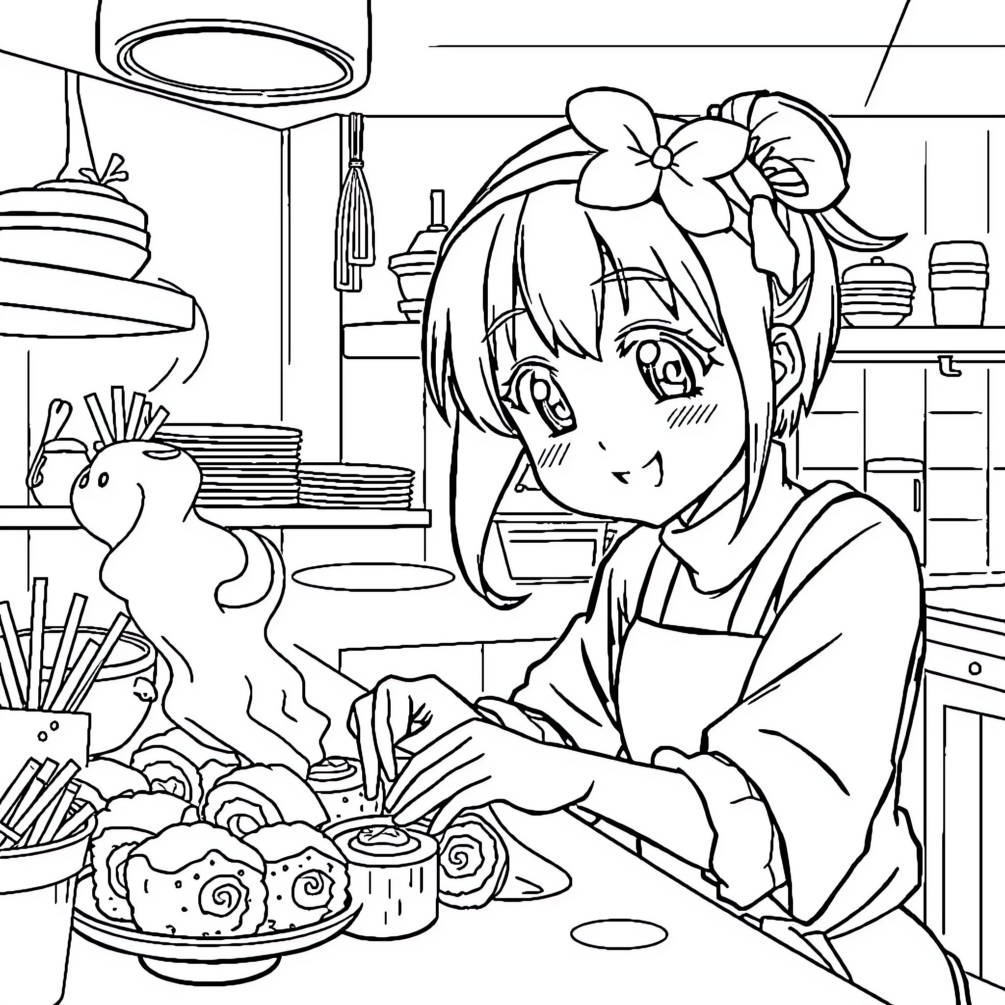 Kuromi Preparing a Delightful Meal in the Kitchen Coloring Page (free black-and-white line drawing printable PDF for all, from beginners to advanced learners, including children, teens, adults, and seniors)