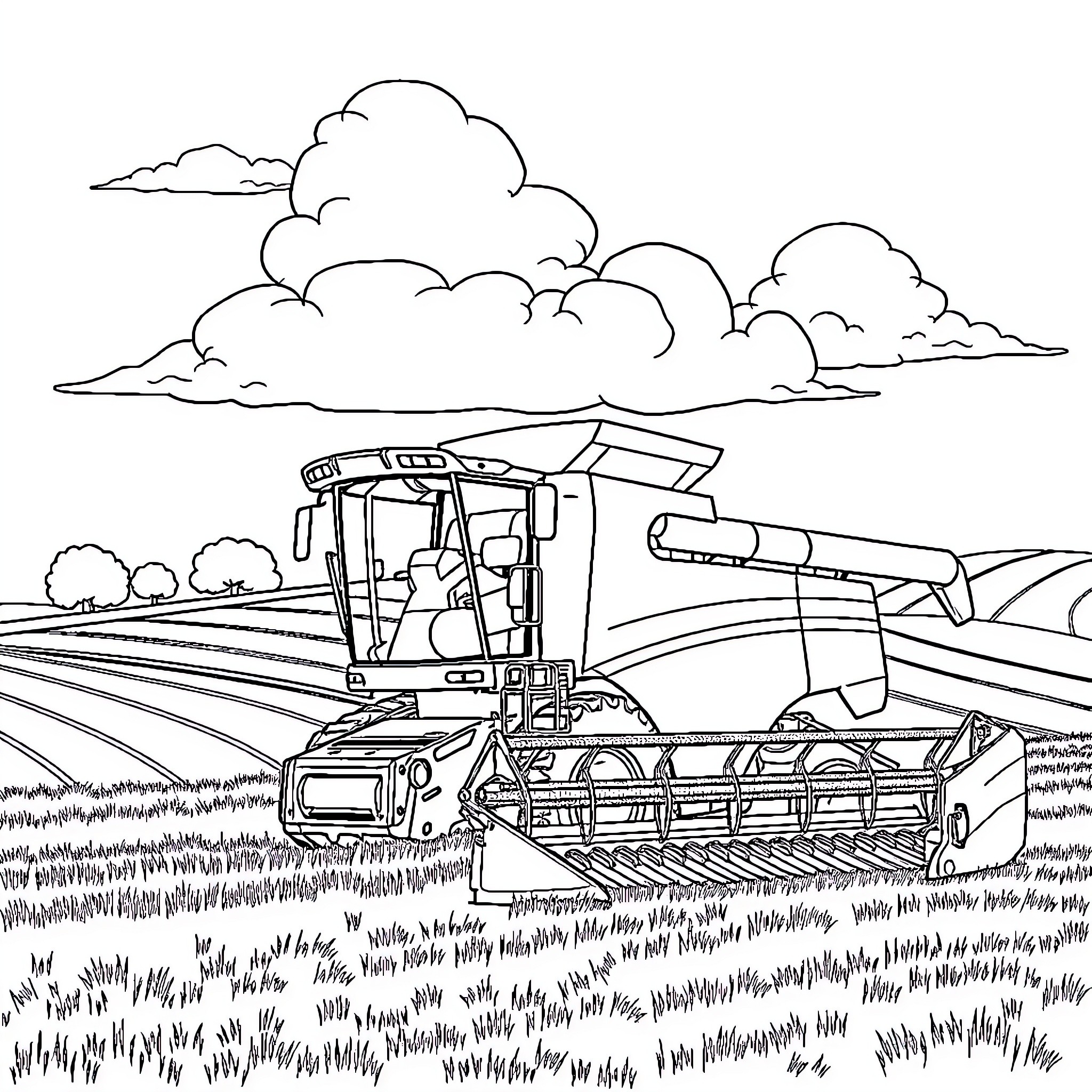 Combine Harvesting in the Countryside Coloring Page (free black-and-white line drawing printable PDF for all, from beginners to advanced learners, including children, teens, adults, and seniors)