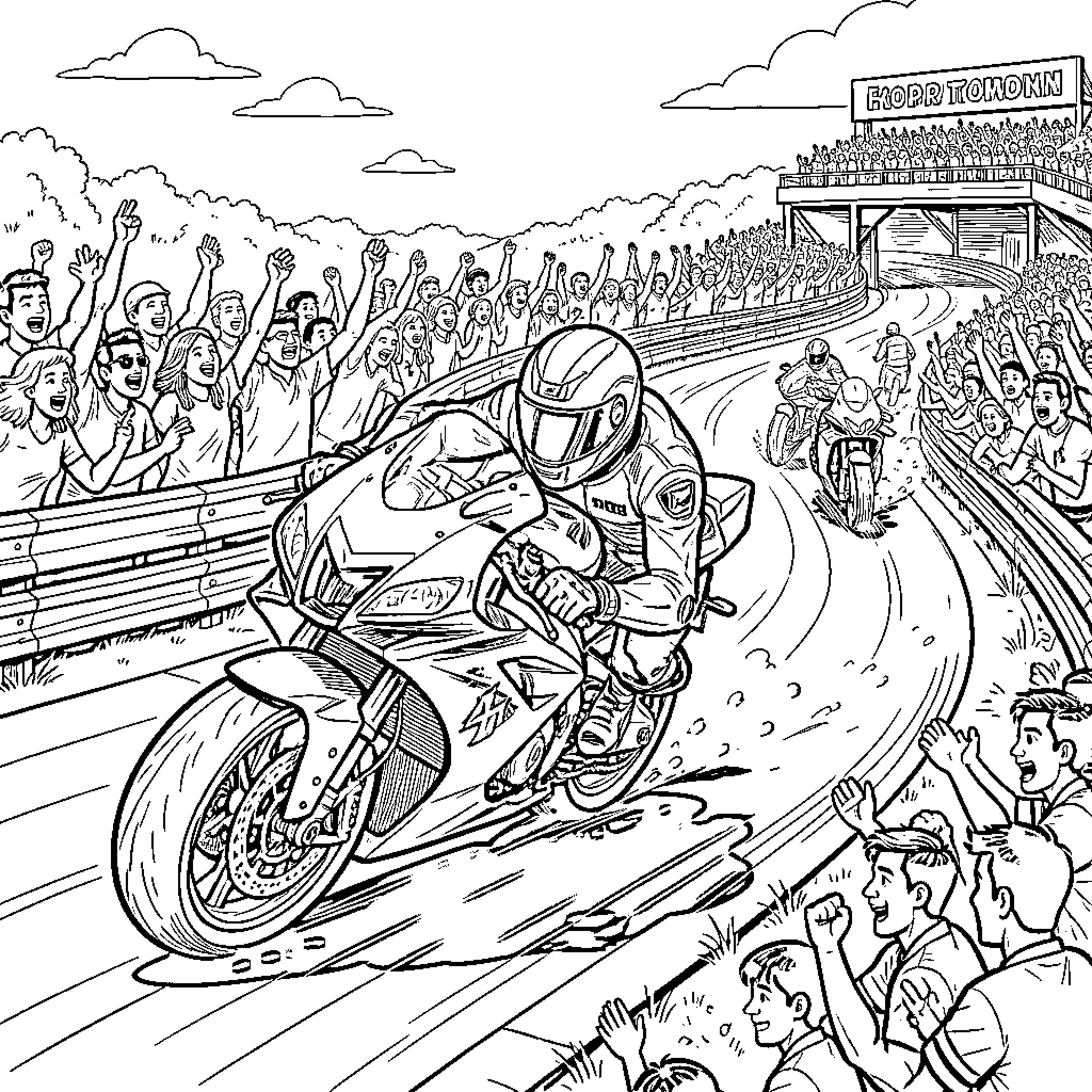 Motorcycle racer speeding past a cheering crowd Coloring Page (free black-and-white line drawing printable PDF for all, from beginners to advanced learners, including children, teens, adults, and seniors)