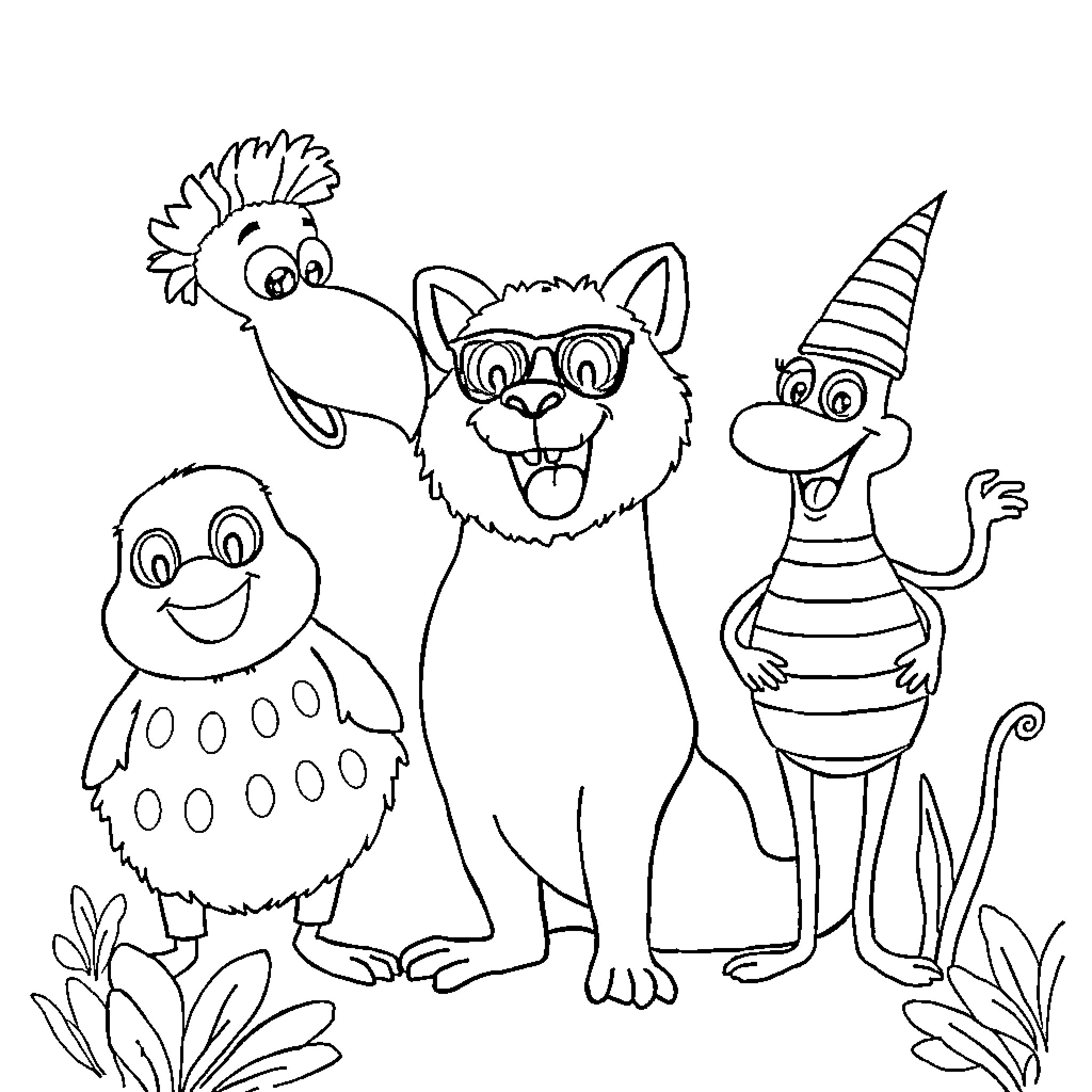Blu's Animated Animal Friends in Meadow Coloring Page (free black-and-white line drawing printable PDF for all, from beginners to advanced learners, including children, teens, adults, and seniors)