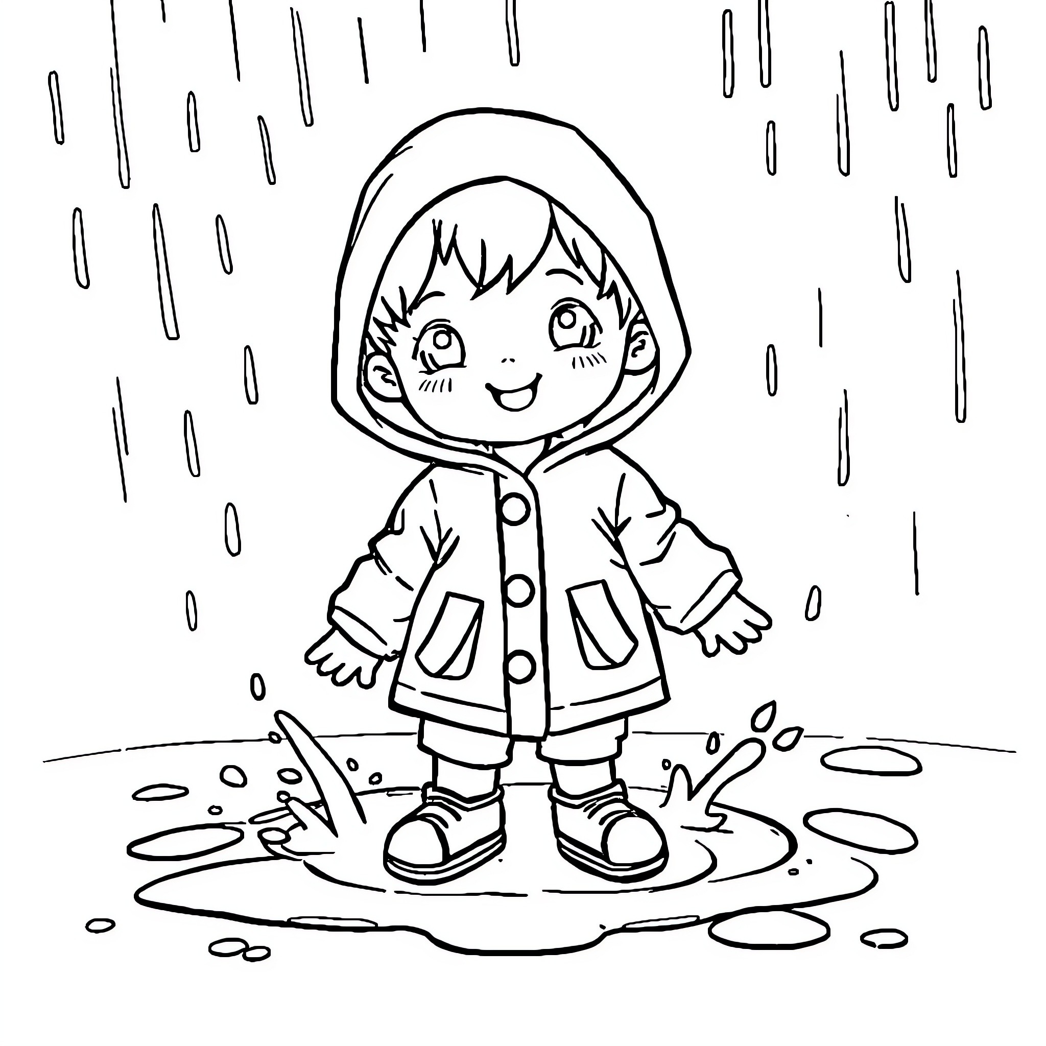 Boy in raincoat enjoying the rain Coloring Page (free black-and-white line drawing printable PDF for all, from beginners to advanced learners, including children, teens, adults, and seniors)
