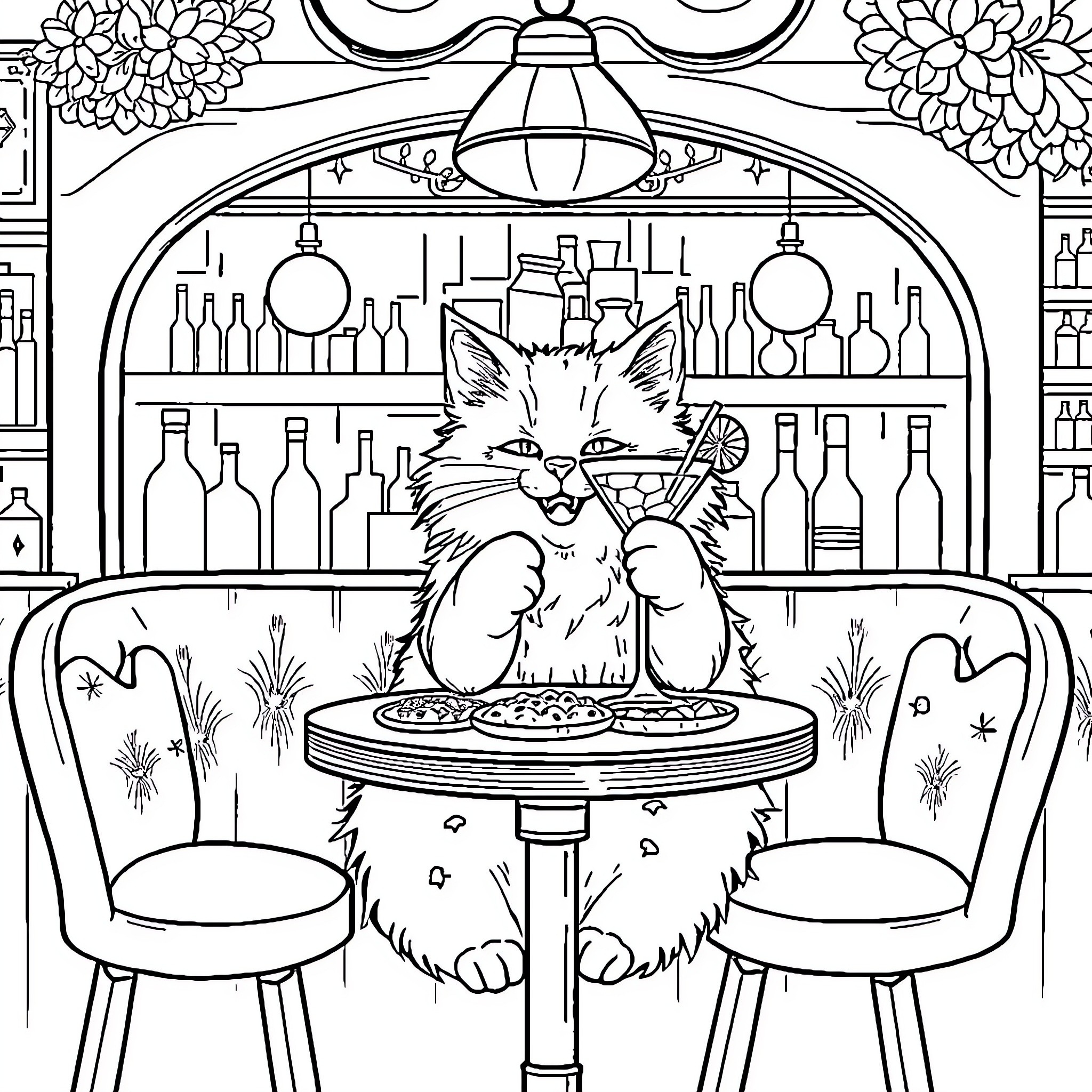 Cat enjoying a meal in a cozy cafe Coloring Page (free black-and-white line drawing printable PDF for all, from beginners to advanced learners, including children, teens, adults, and seniors)