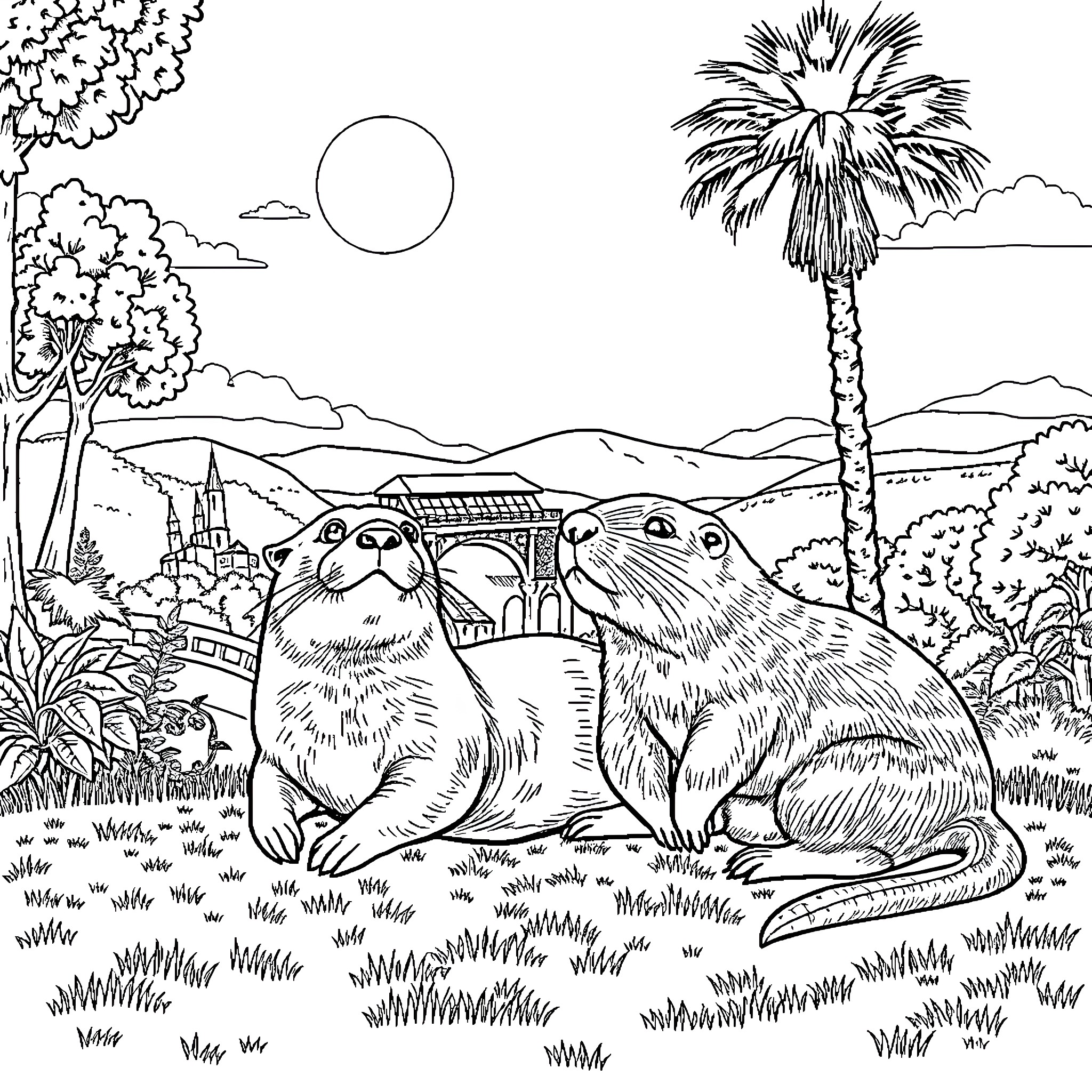 Otter pair enjoying scenic landscape Coloring Page (free black-and-white line drawing printable PDF for all, from beginners to advanced learners, including children, teens, adults, and seniors)