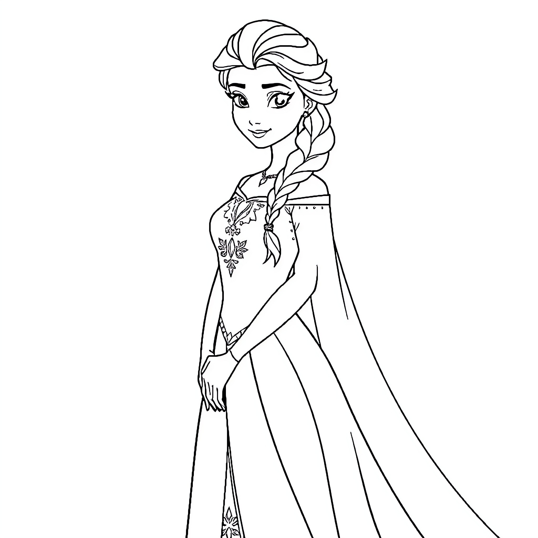 Princess Elsa in her iconic dress and hairstyle Coloring Page (free black-and-white line drawing printable PDF for all, from beginners to advanced learners, including children, teens, adults, and seniors)