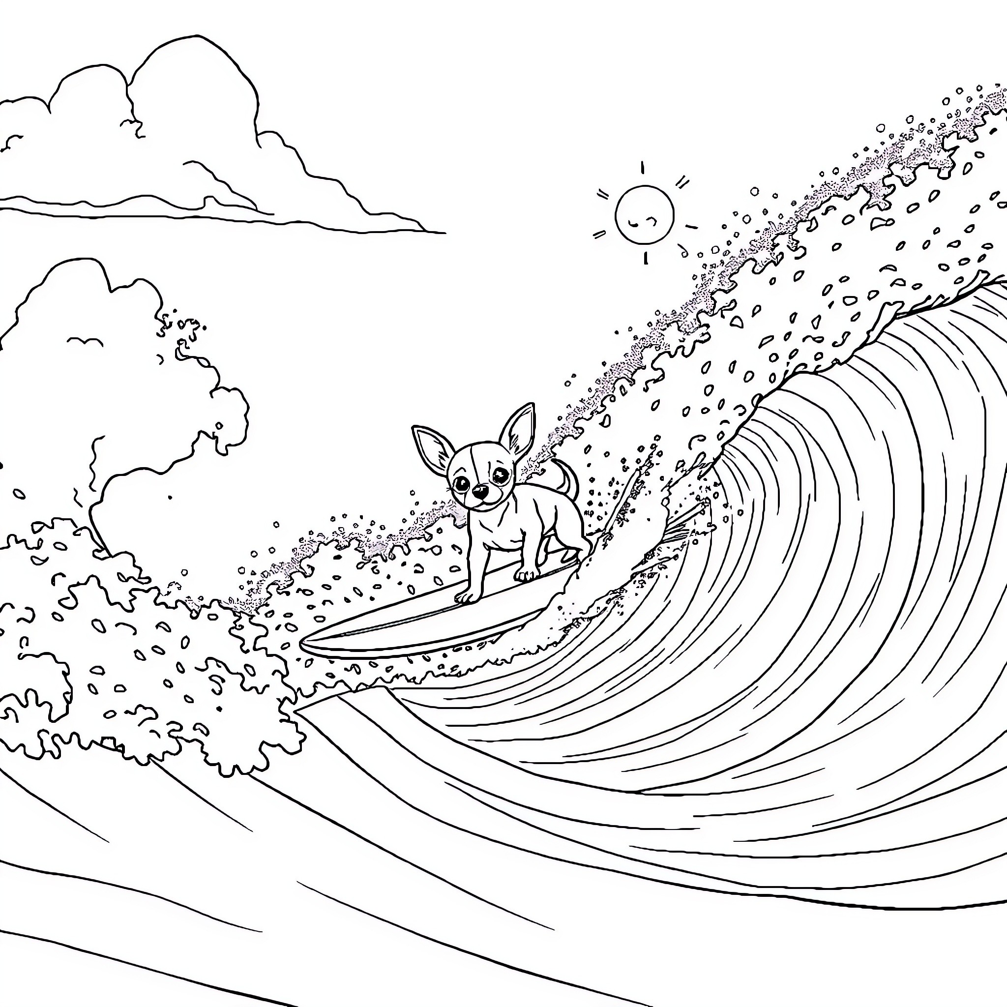 Chihuahua surfing playful wave in the ocean Coloring Page (free black-and-white line drawing printable PDF for all, from beginners to advanced learners, including children, teens, adults, and seniors)