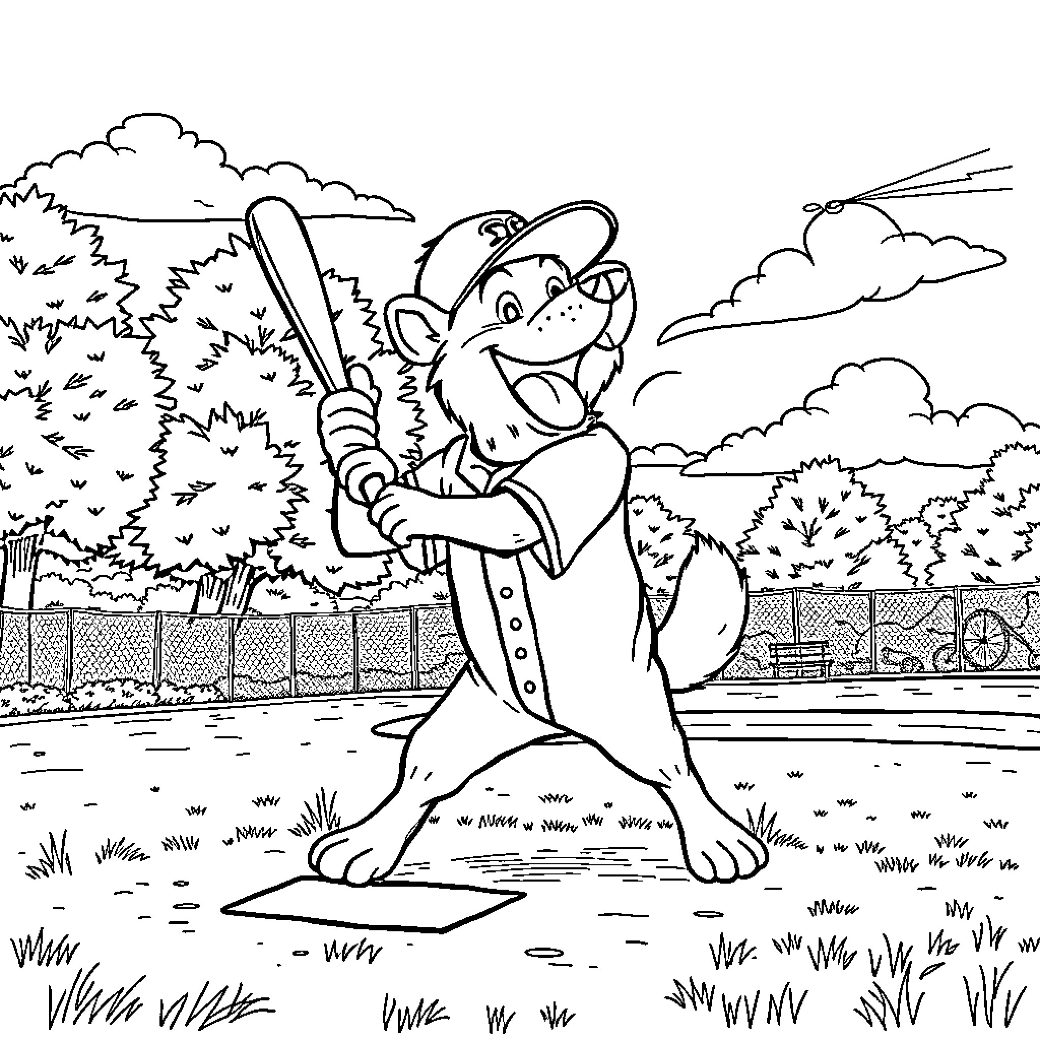 Dogman playing baseball in the park Coloring Page (free black-and-white line drawing printable PDF for all, from beginners to advanced learners, including children, teens, adults, and seniors)