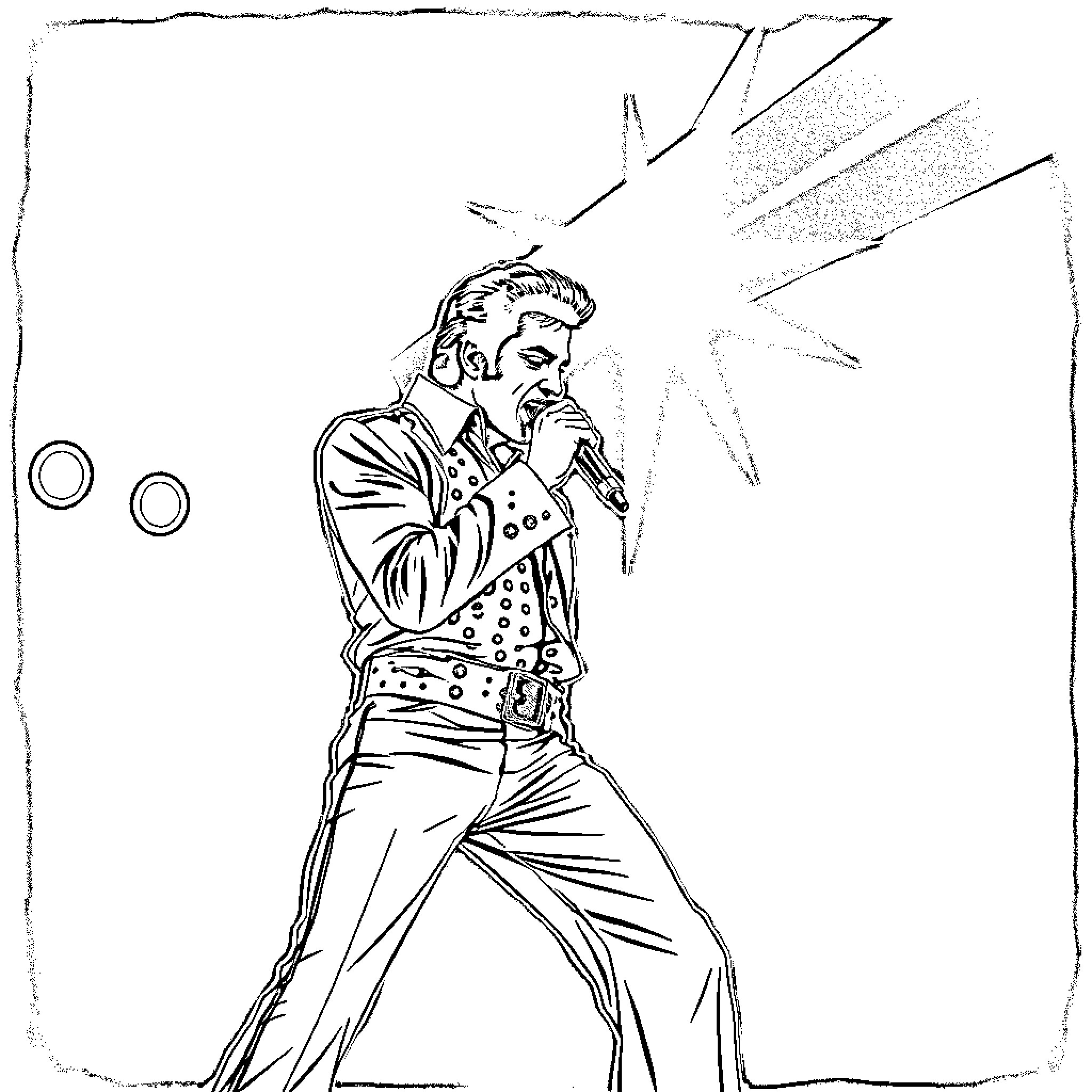 Elvis performing on stage with energy Coloring Page (free black-and-white line drawing printable PDF for all, from beginners to advanced learners, including children, teens, adults, and seniors)