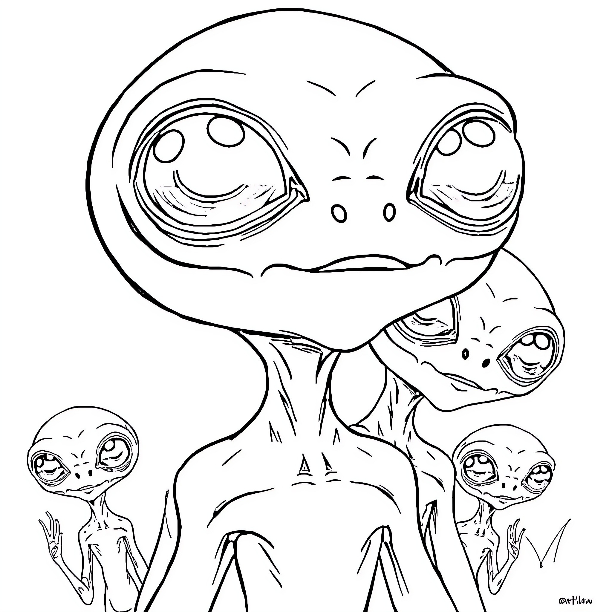 Alien creatures with joyful expressions Coloring Page (free black-and-white line drawing printable PDF for all, from beginners to advanced learners, including children, teens, adults, and seniors)
