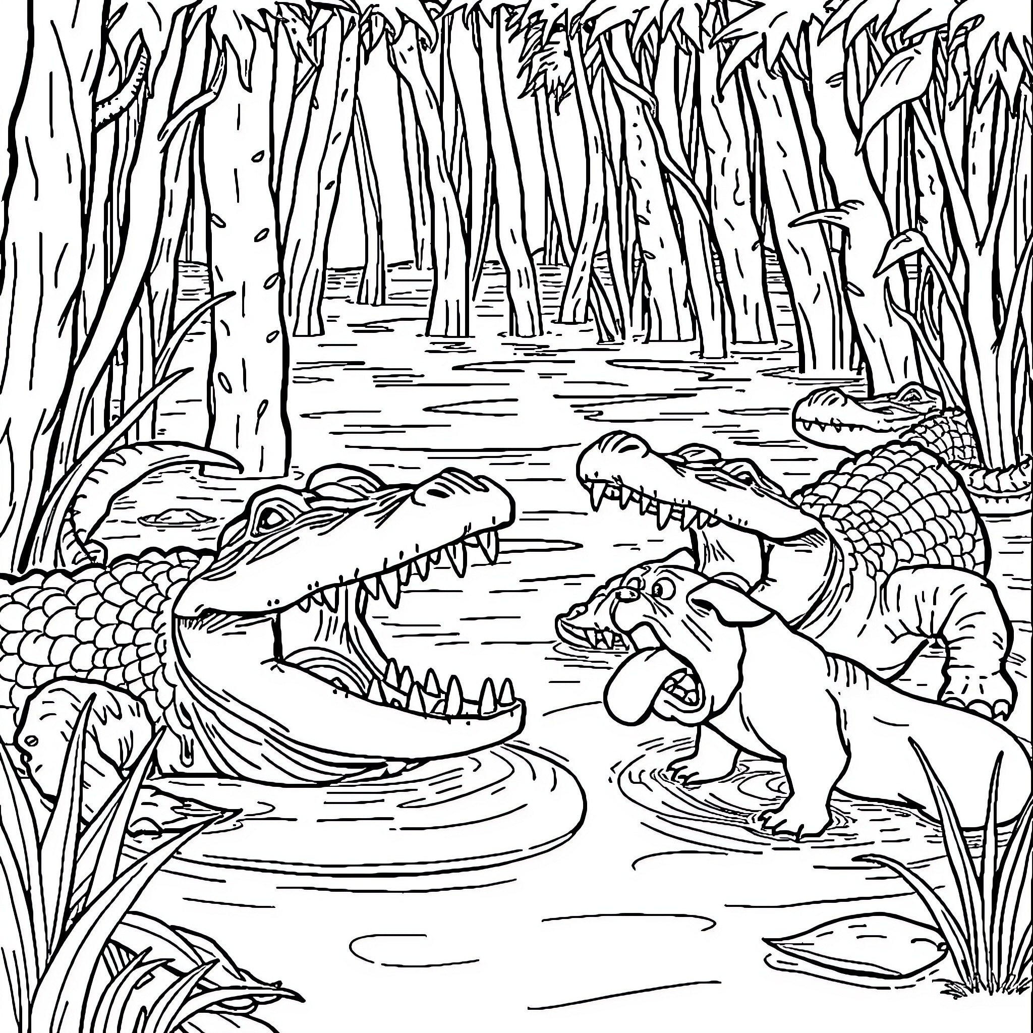 Gator Swamp Adventure with Dinosaur Encounter Coloring Page (free black-and-white line drawing printable PDF for all, from beginners to advanced learners, including children, teens, adults, and seniors)