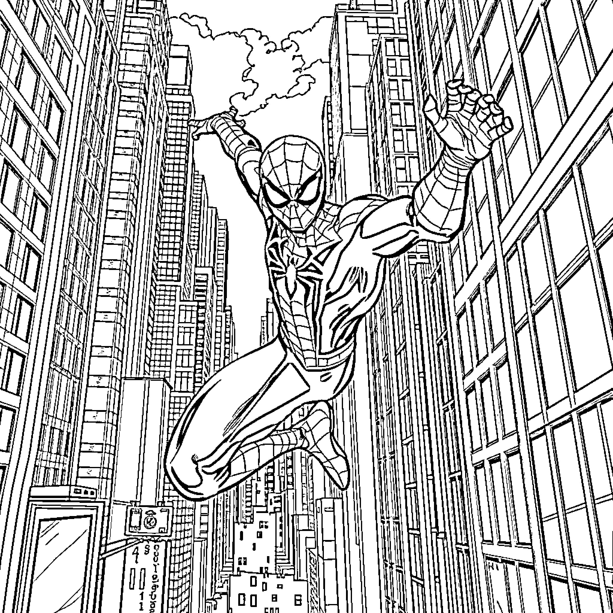 Spiderman swinging through the city skyline Coloring Page (free black-and-white line drawing printable PDF for all, from beginners to advanced learners, including children, teens, adults, and seniors)