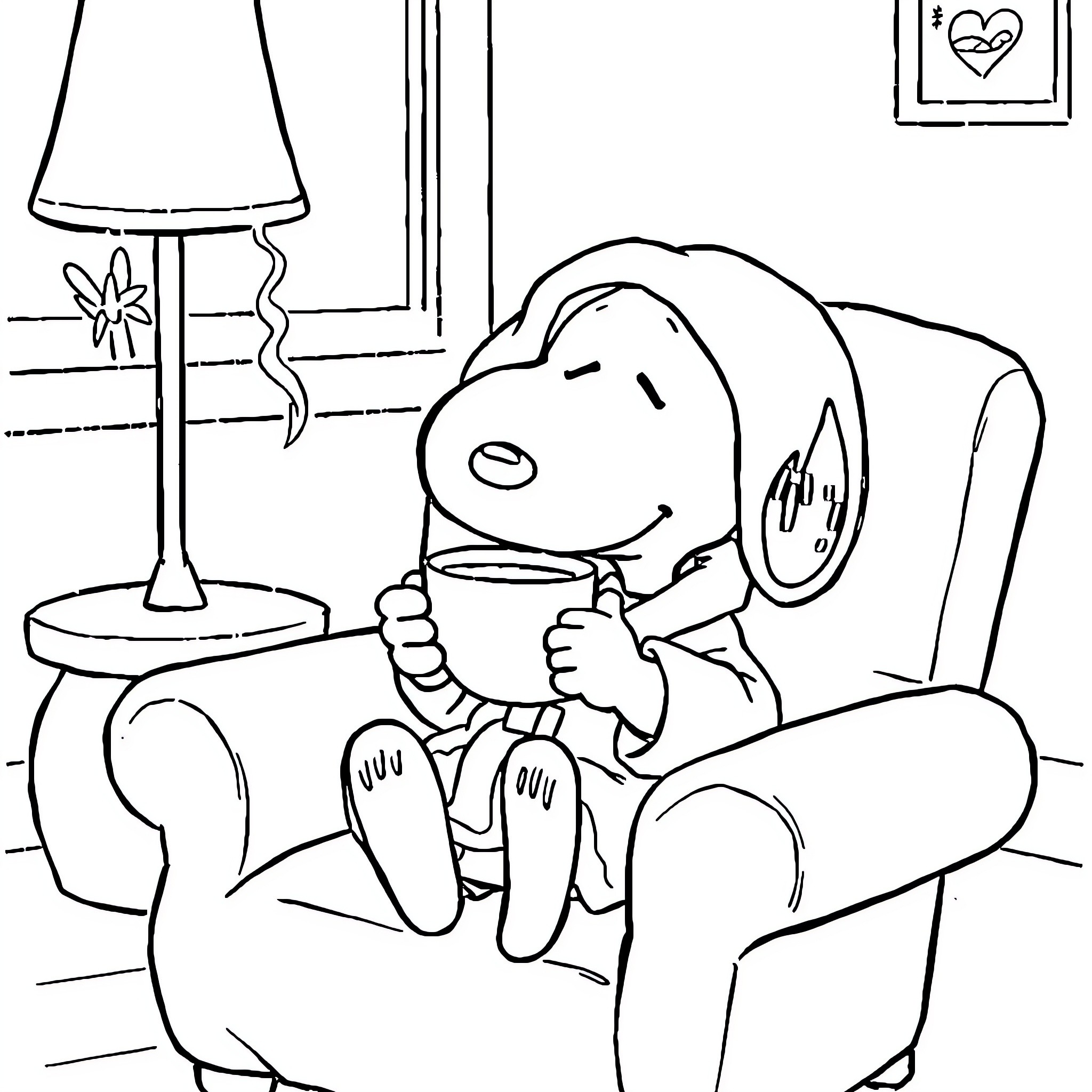Snoopy relaxing in a cozy armchair Coloring Page (free black-and-white line drawing printable PDF for all, from beginners to advanced learners, including children, teens, adults, and seniors)