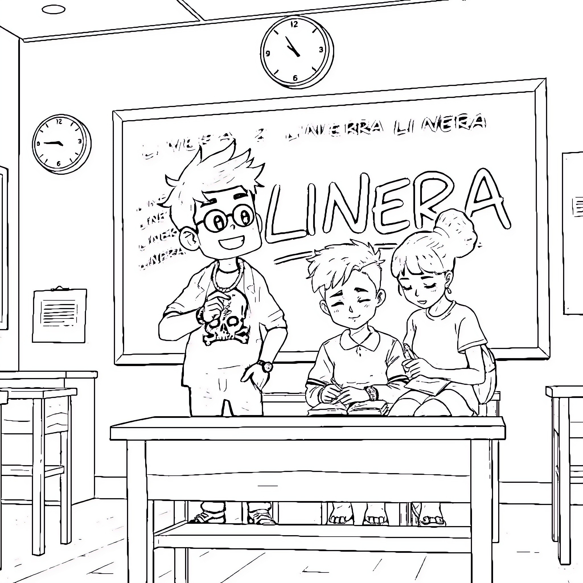 Classroom Scene with Students and Teacher Coloring Page (free black-and-white line drawing printable PDF for all, from beginners to advanced learners, including children, teens, adults, and seniors)