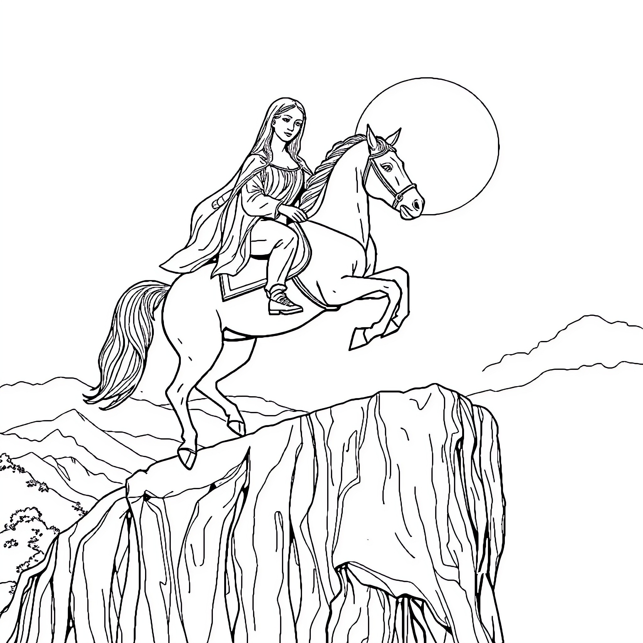 Mona Lisa riding a horse on a cliff Coloring Page (free black-and-white line drawing printable PDF for all, from beginners to advanced learners, including children, teens, adults, and seniors)