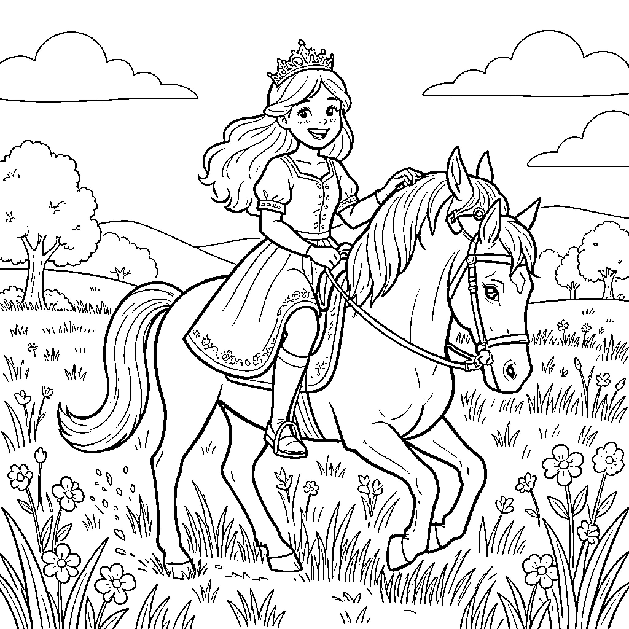 Princess riding a horse through a flowery meadow Coloring Page (free black-and-white line drawing printable PDF for all, from beginners to advanced learners, including children, teens, adults, and seniors)