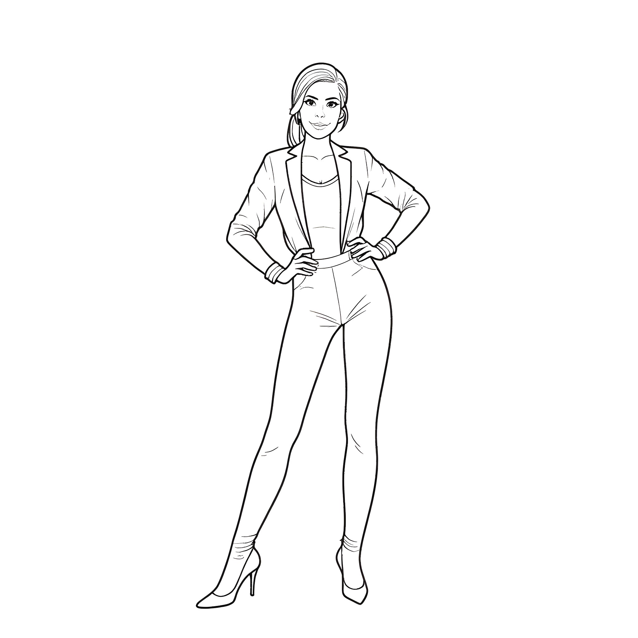 Girl in stylish outfit posing confidently Coloring Page (free black-and-white line drawing printable PDF for all, from beginners to advanced learners, including children, teens, adults, and seniors)