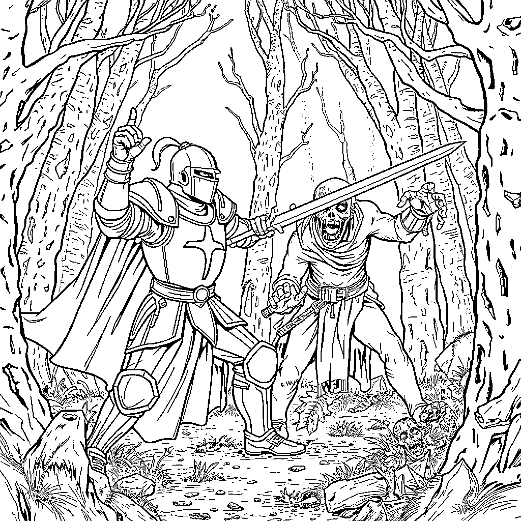 Knight battling against a formidable foe in the enchanted forest Coloring Page (free black-and-white line drawing printable PDF for all, from beginners to advanced learners, including children, teens, adults, and seniors)