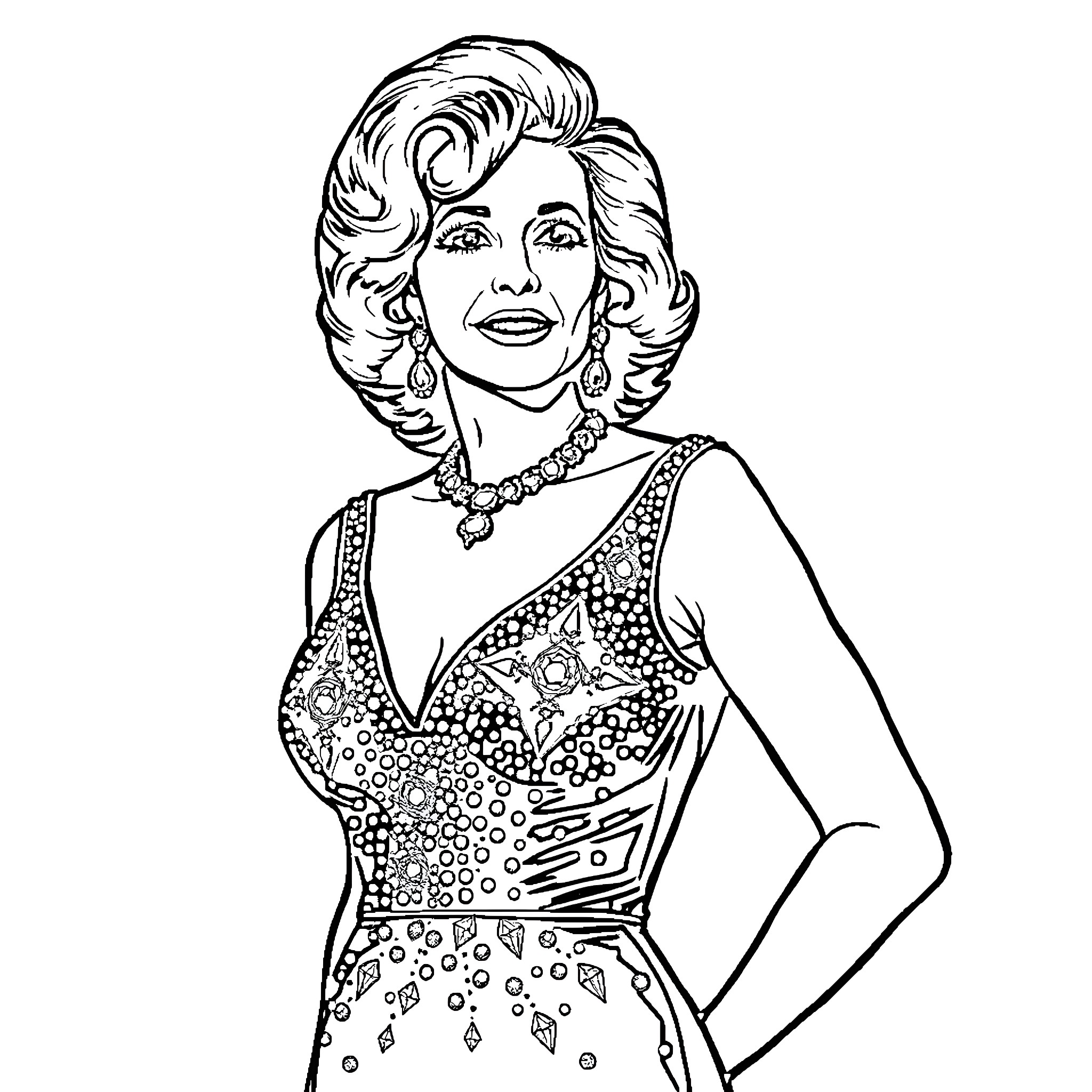 Tammy Wynette posing in a glamorous dress Coloring Page (free black-and-white line drawing printable PDF for all, from beginners to advanced learners, including children, teens, adults, and seniors)