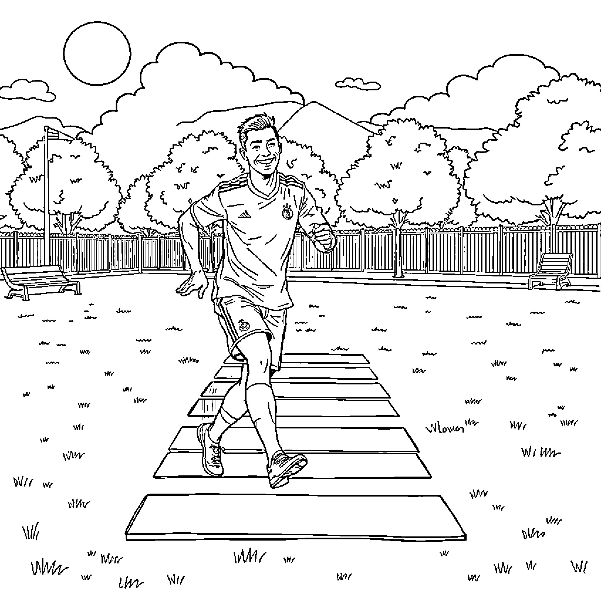 Cristiano Ronaldo crossing the street in the park Coloring Page (free black-and-white line drawing printable PDF for all, from beginners to advanced learners, including children, teens, adults, and seniors)