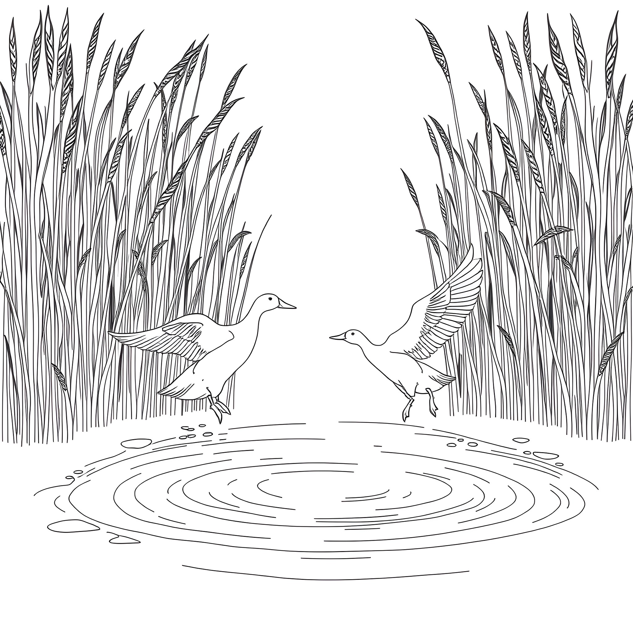 Ducks swimming and resting in the pond Coloring Page (free black-and-white line drawing printable PDF for all, from beginners to advanced learners, including children, teens, adults, and seniors)
