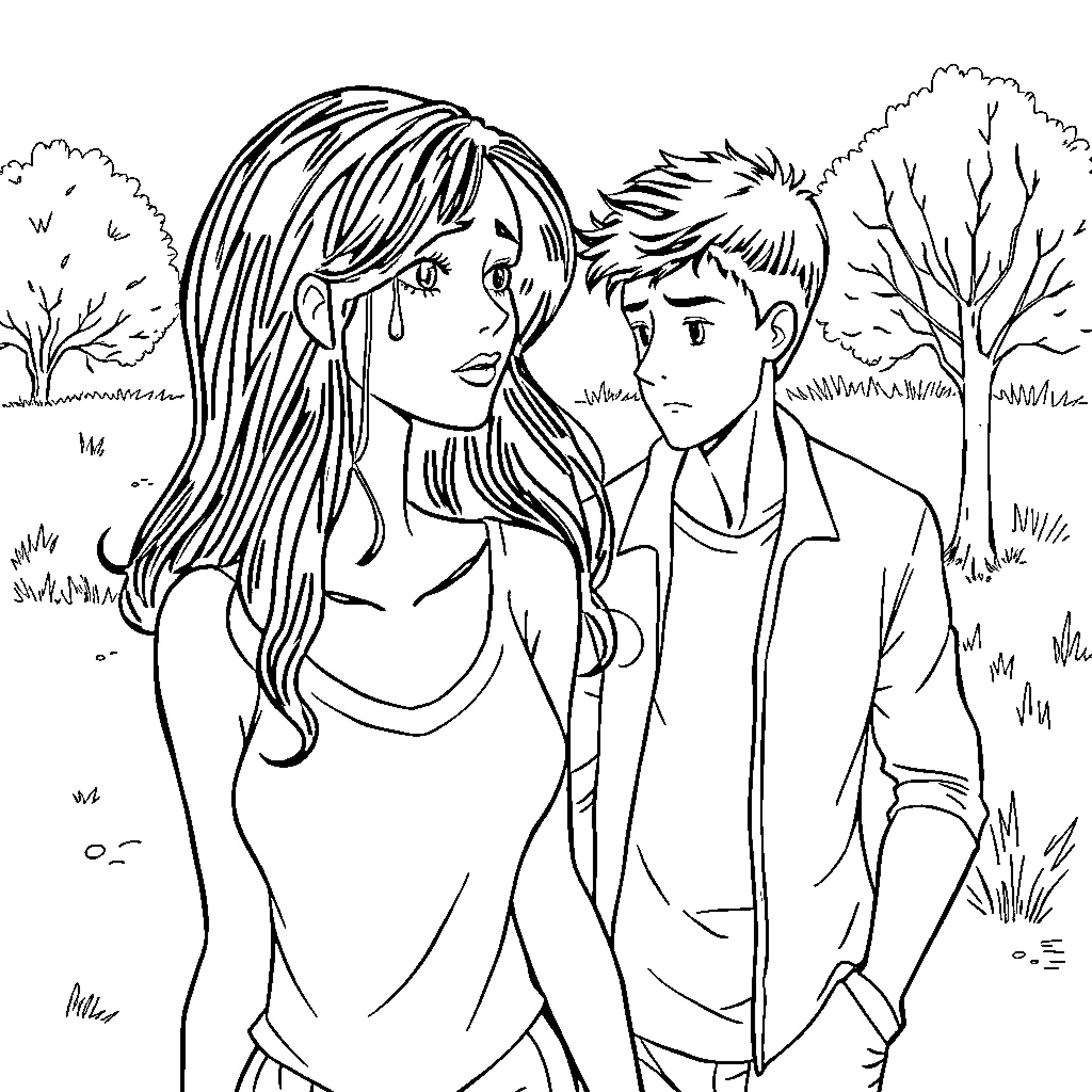 Girlfriend and boyfriend sharing a moment in nature Coloring Page (free black-and-white line drawing printable PDF for all, from beginners to advanced learners, including children, teens, adults, and seniors)