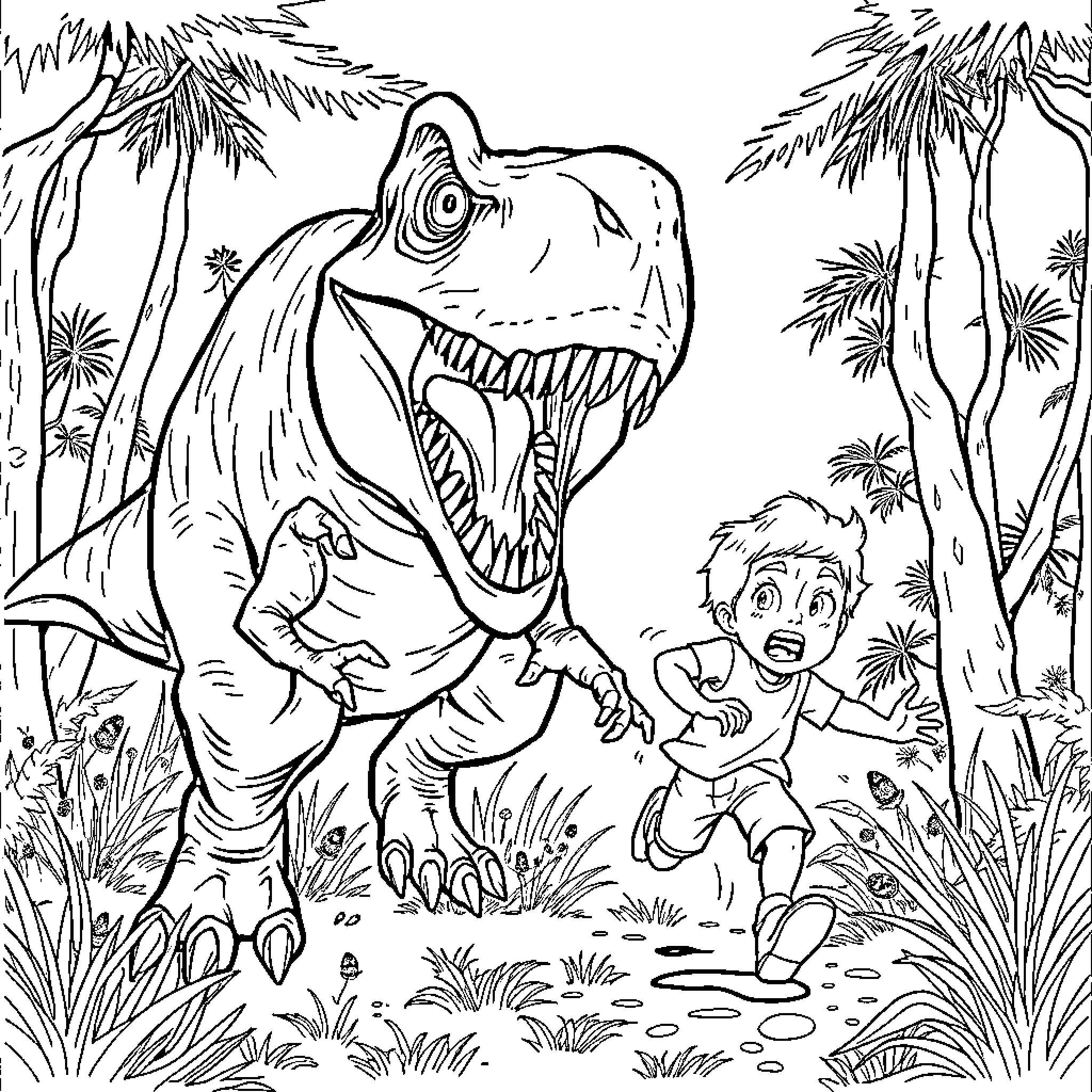 T-Rex chasing a frightened child in the jungle Coloring Page (free black-and-white line drawing printable PDF for all, from beginners to advanced learners, including children, teens, adults, and seniors)