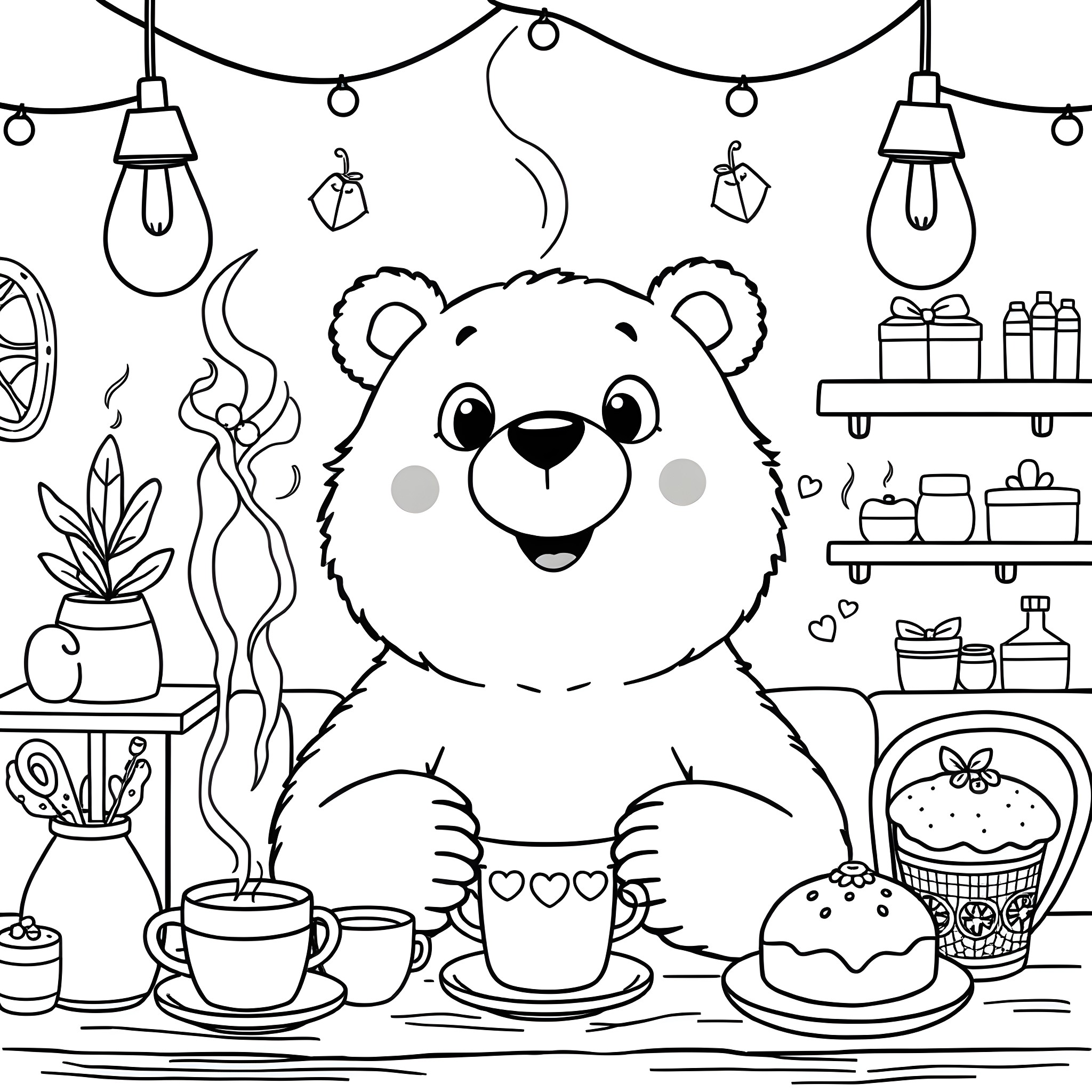 Bear enjoying snacks and drinks in cozy room Coloring Page (free black-and-white line drawing printable PDF for all, from beginners to advanced learners, including children, teens, adults, and seniors)