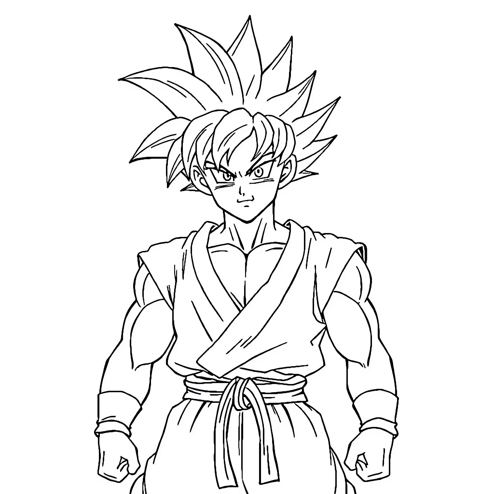 Goku's Determined Expression in Action-Packed Anime Attire Coloring Page (free black-and-white line drawing printable PDF for all, from beginners to advanced learners, including children, teens, adults, and seniors)