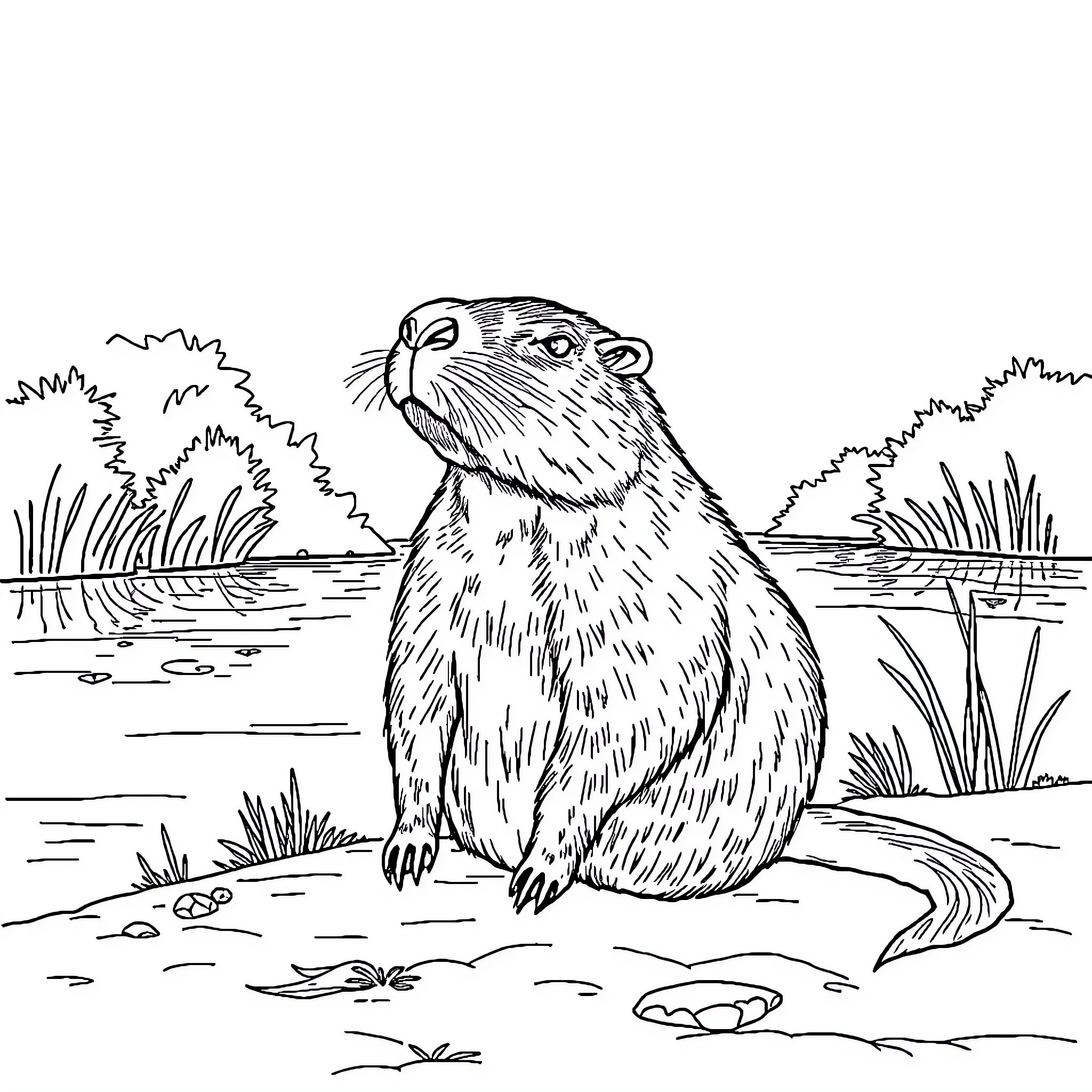 Capybara relaxing peacefully in its natural habitat Coloring Page (free black-and-white line drawing printable PDF for all, from beginners to advanced learners, including children, teens, adults, and seniors)