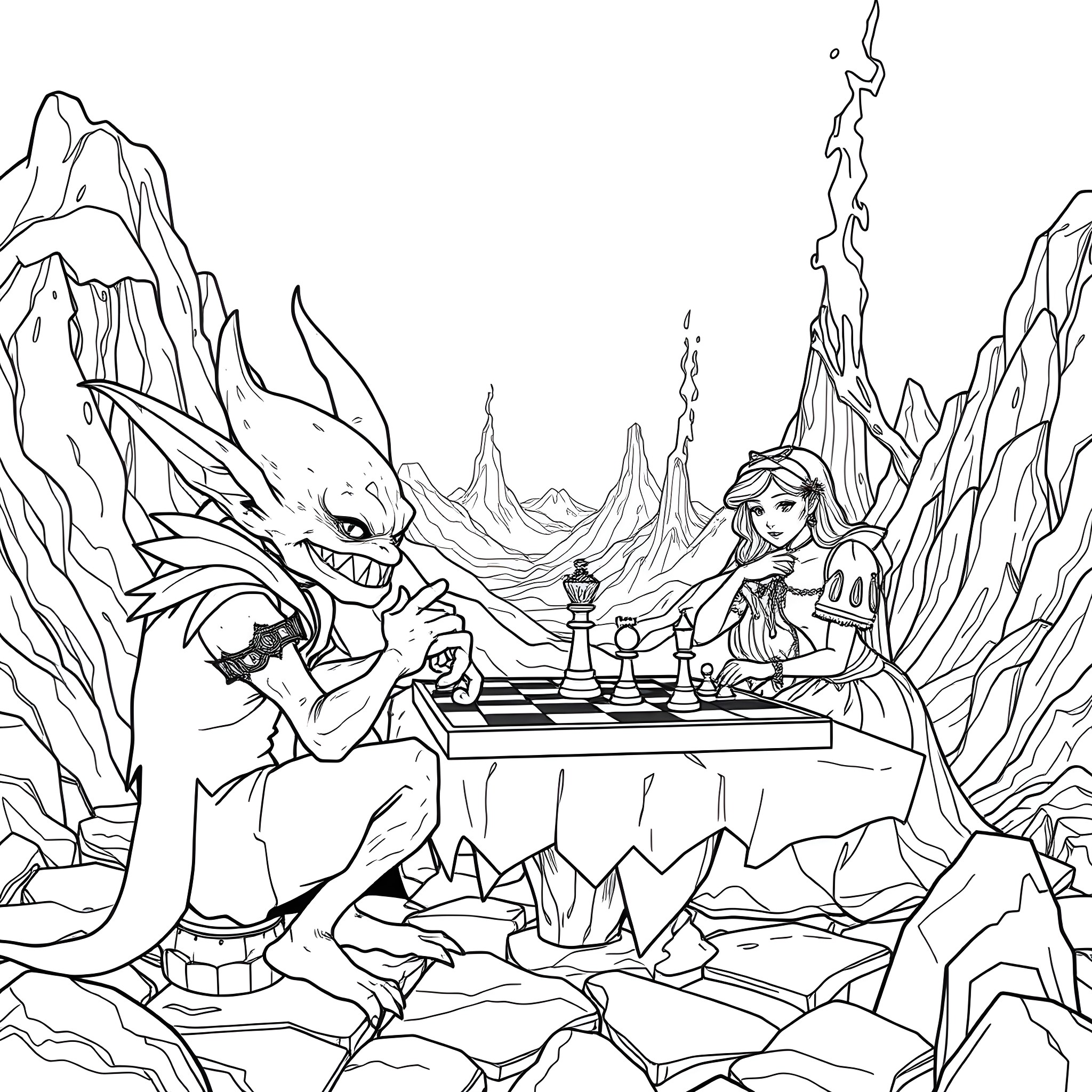Goblin engages in a chess match with a human adventurer Coloring Page (free black-and-white line drawing printable PDF for all, from beginners to advanced learners, including children, teens, adults, and seniors)