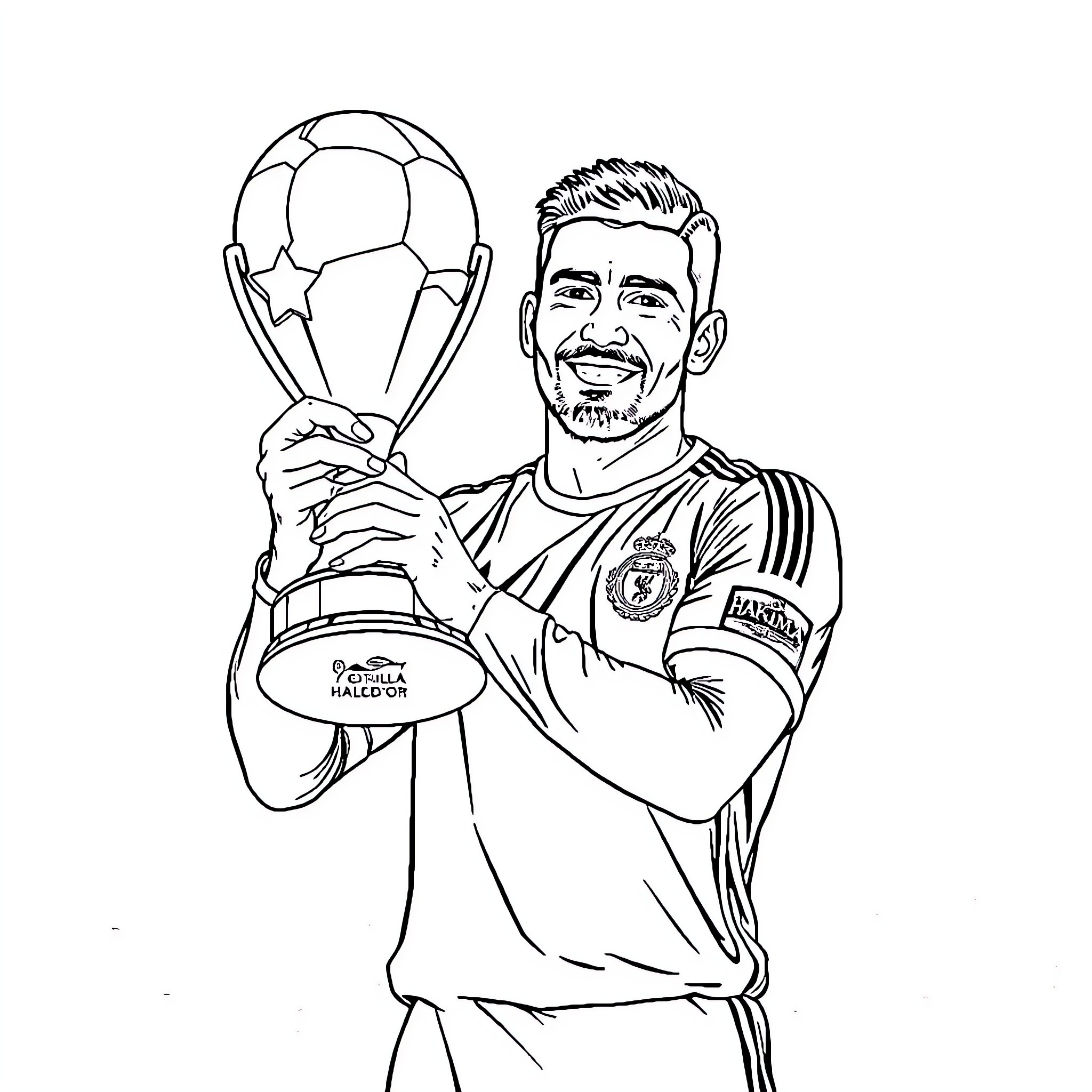 Hakimi holding soccer trophy with pride Coloring Page (free black-and-white line drawing printable PDF for all, from beginners to advanced learners, including children, teens, adults, and seniors)