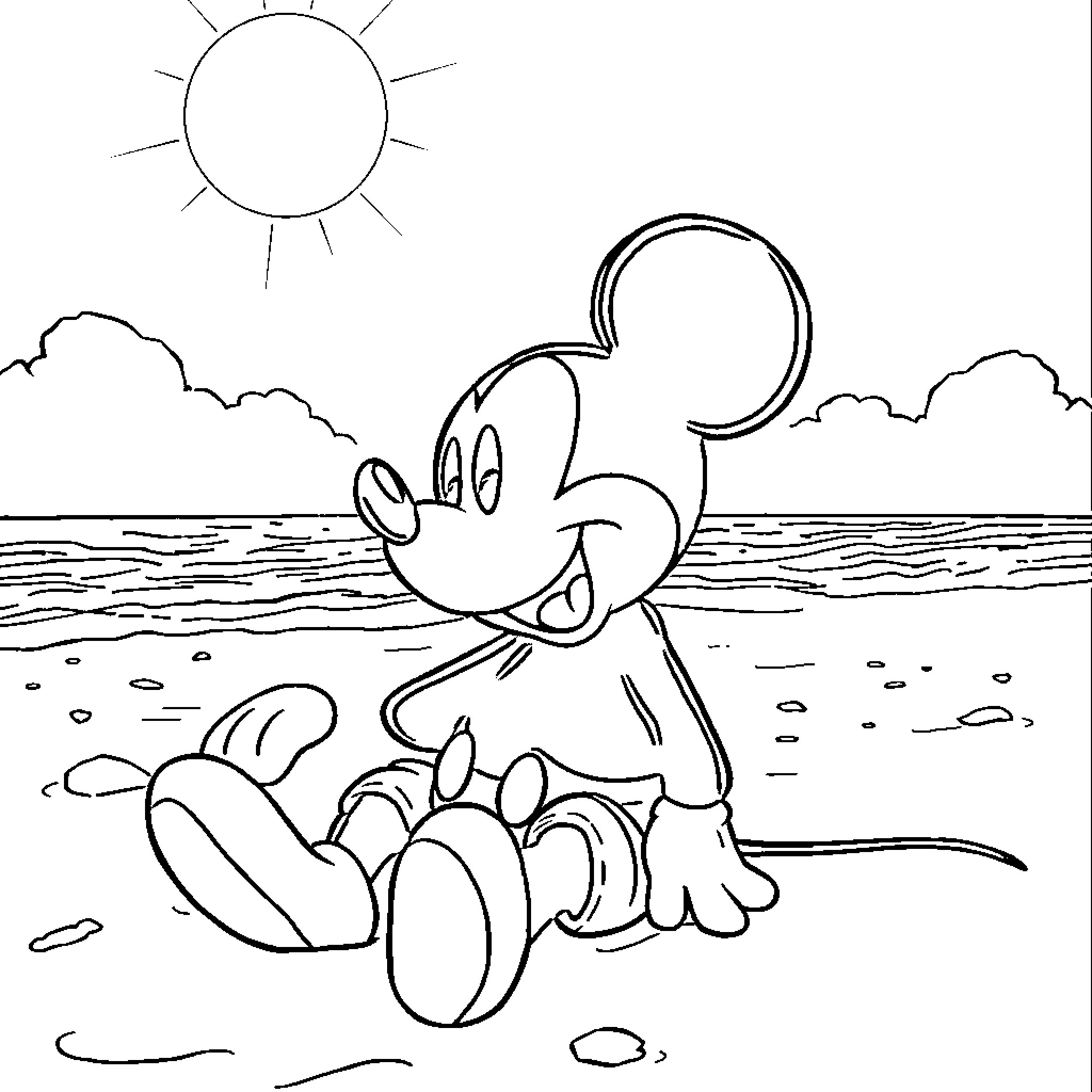 Mickey Mouse relaxing on the beach Coloring Page (free black-and-white line drawing printable PDF for all, from beginners to advanced learners, including children, teens, adults, and seniors)
