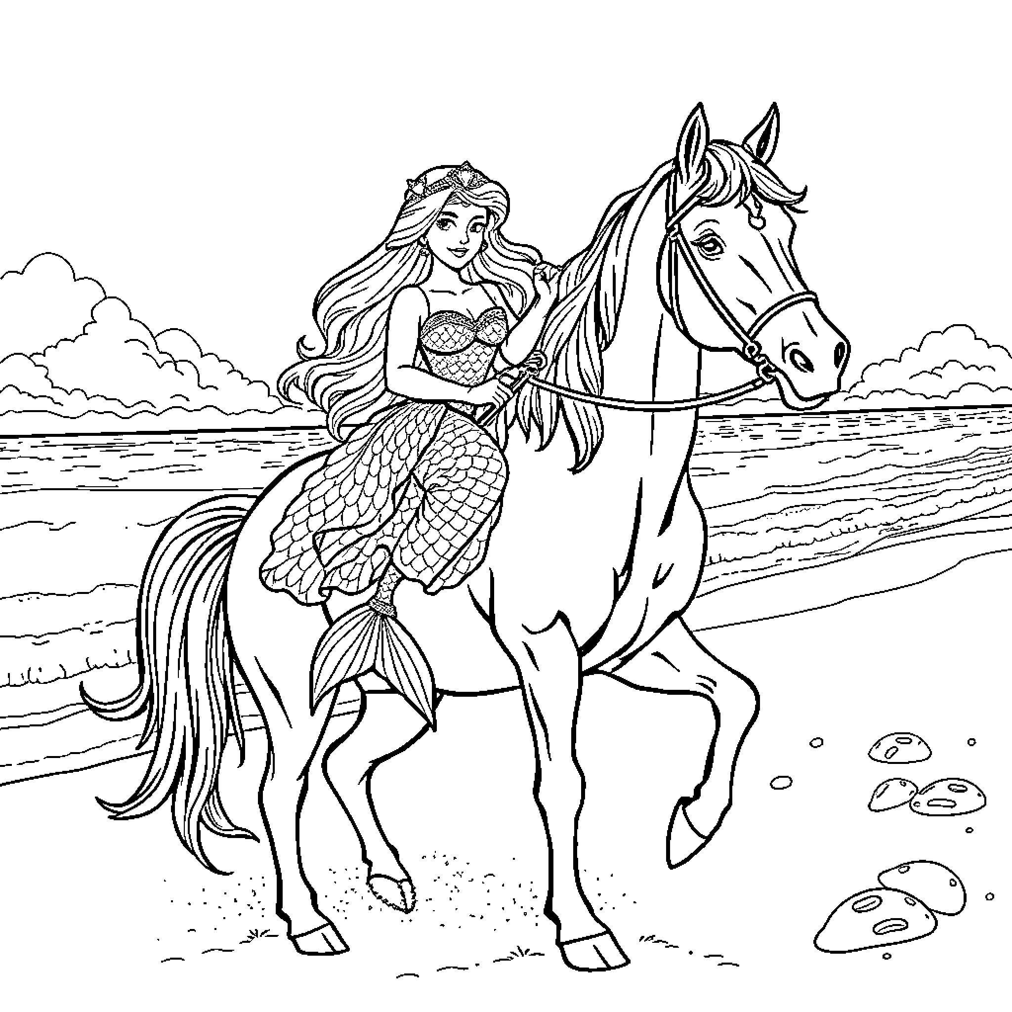 Mermaid riding a majestic horse on the beach Coloring Page (free black-and-white line drawing printable PDF for all, from beginners to advanced learners, including children, teens, adults, and seniors)