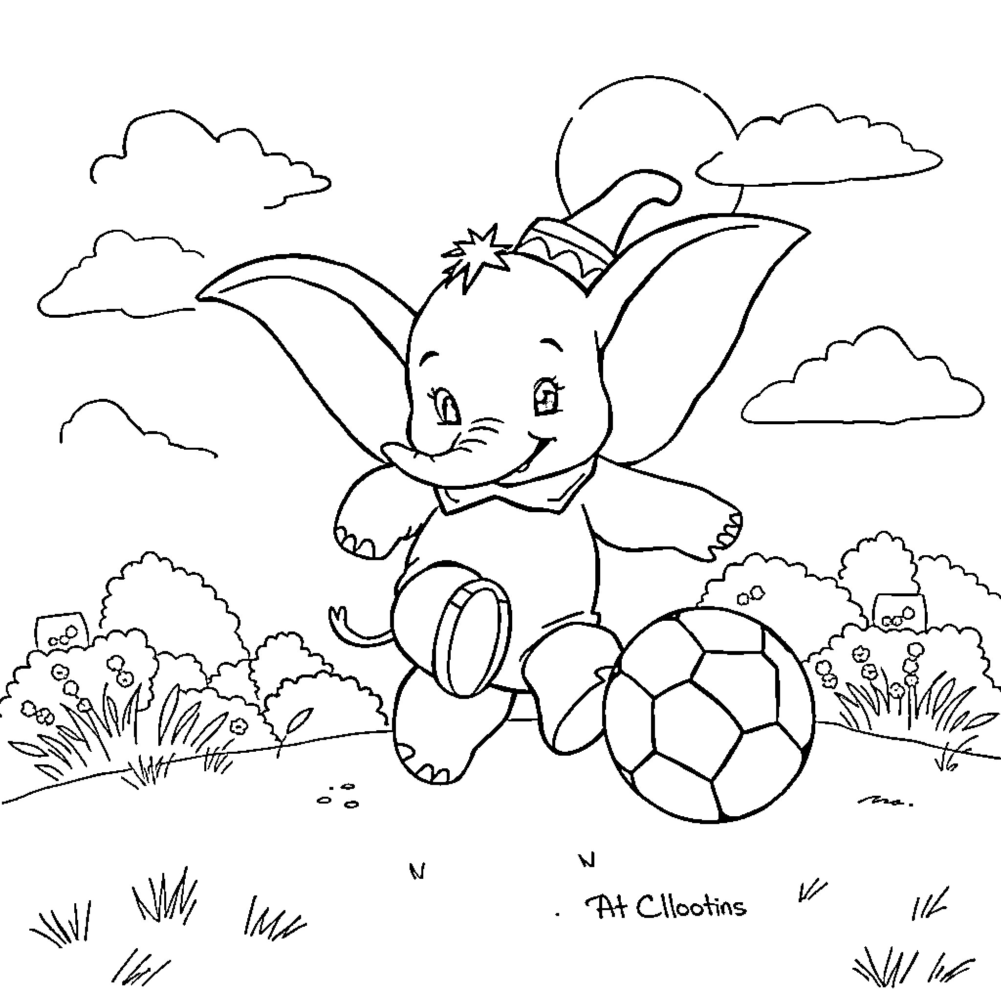 Dumbo playing with soccer ball in the park Coloring Page (free black-and-white line drawing printable PDF for all, from beginners to advanced learners, including children, teens, adults, and seniors)