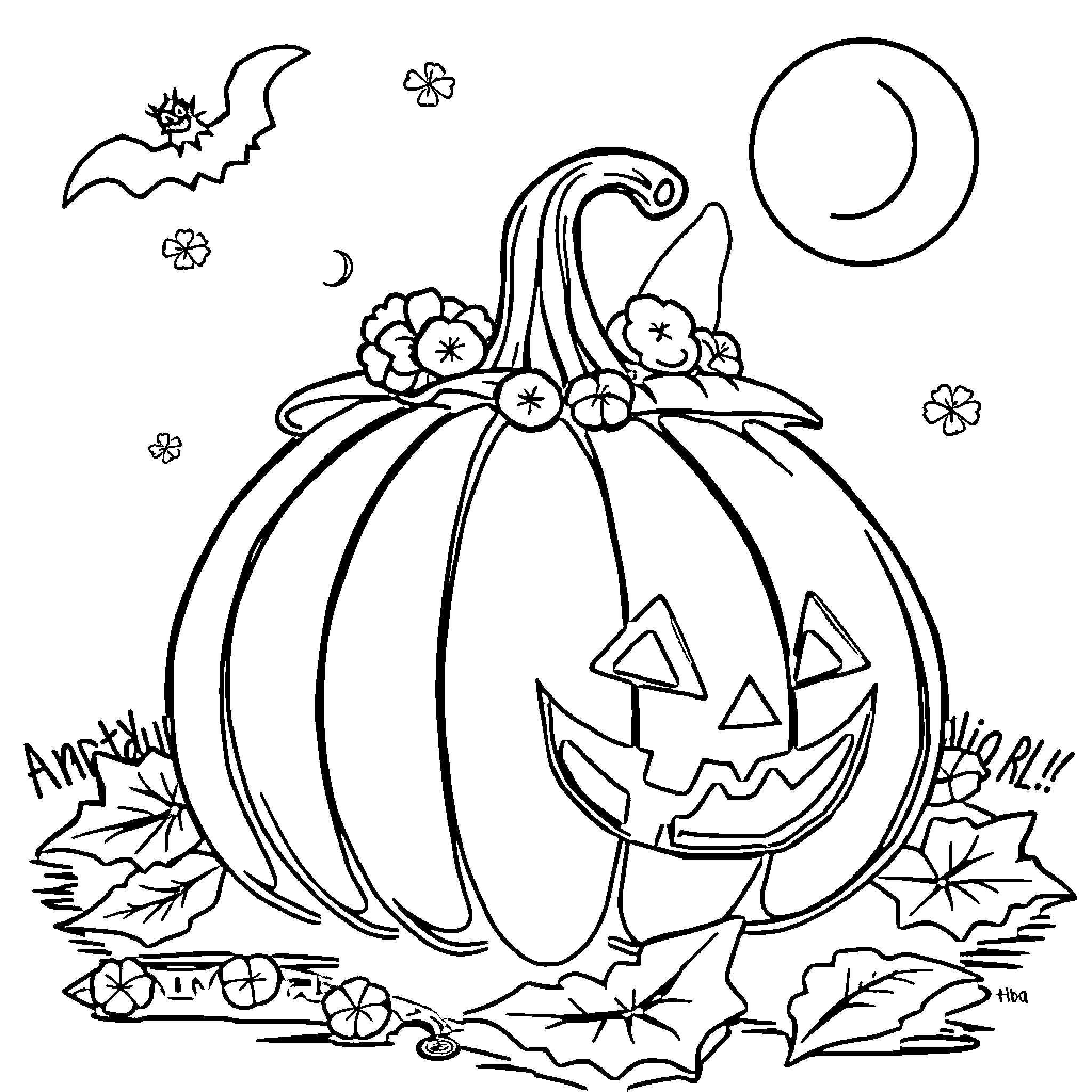 Halloween Pumpkin with Spooky Decorations Coloring Page (free black-and-white line drawing printable PDF for all, from beginners to advanced learners, including children, teens, adults, and seniors)