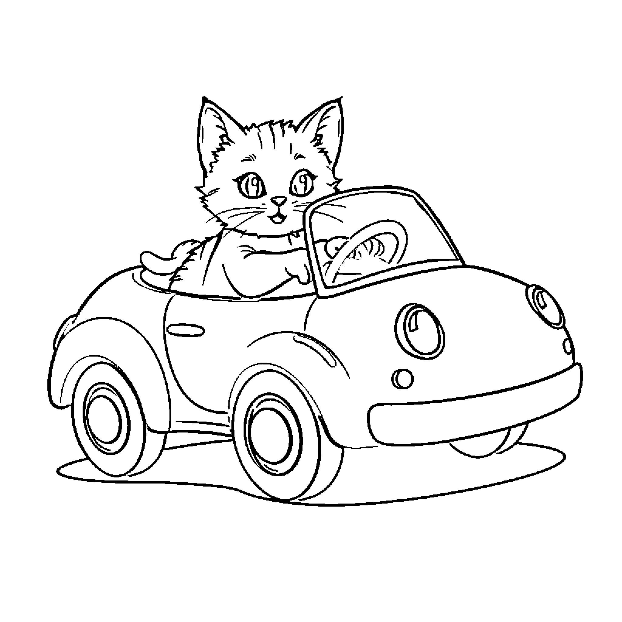 Cat driving a cheerful car Coloring Page (free black-and-white line drawing printable PDF for all, from beginners to advanced learners, including children, teens, adults, and seniors)