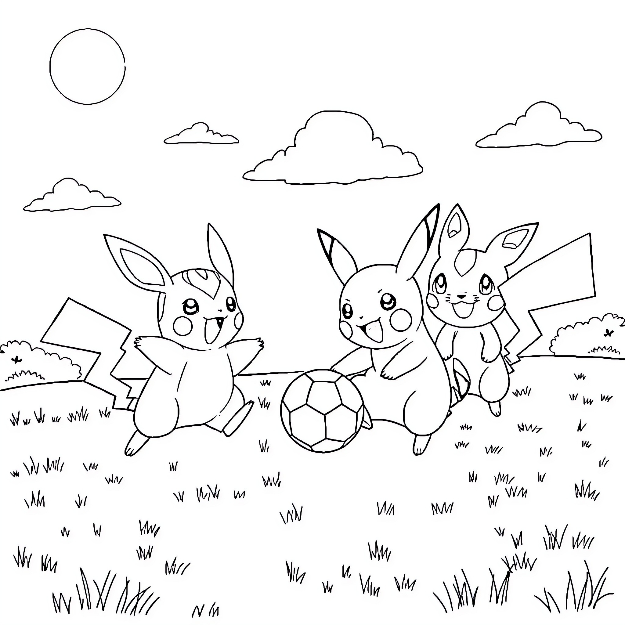 Pikachu playing soccer with their friends Coloring Page (free black-and-white line drawing printable PDF for all, from beginners to advanced learners, including children, teens, adults, and seniors)