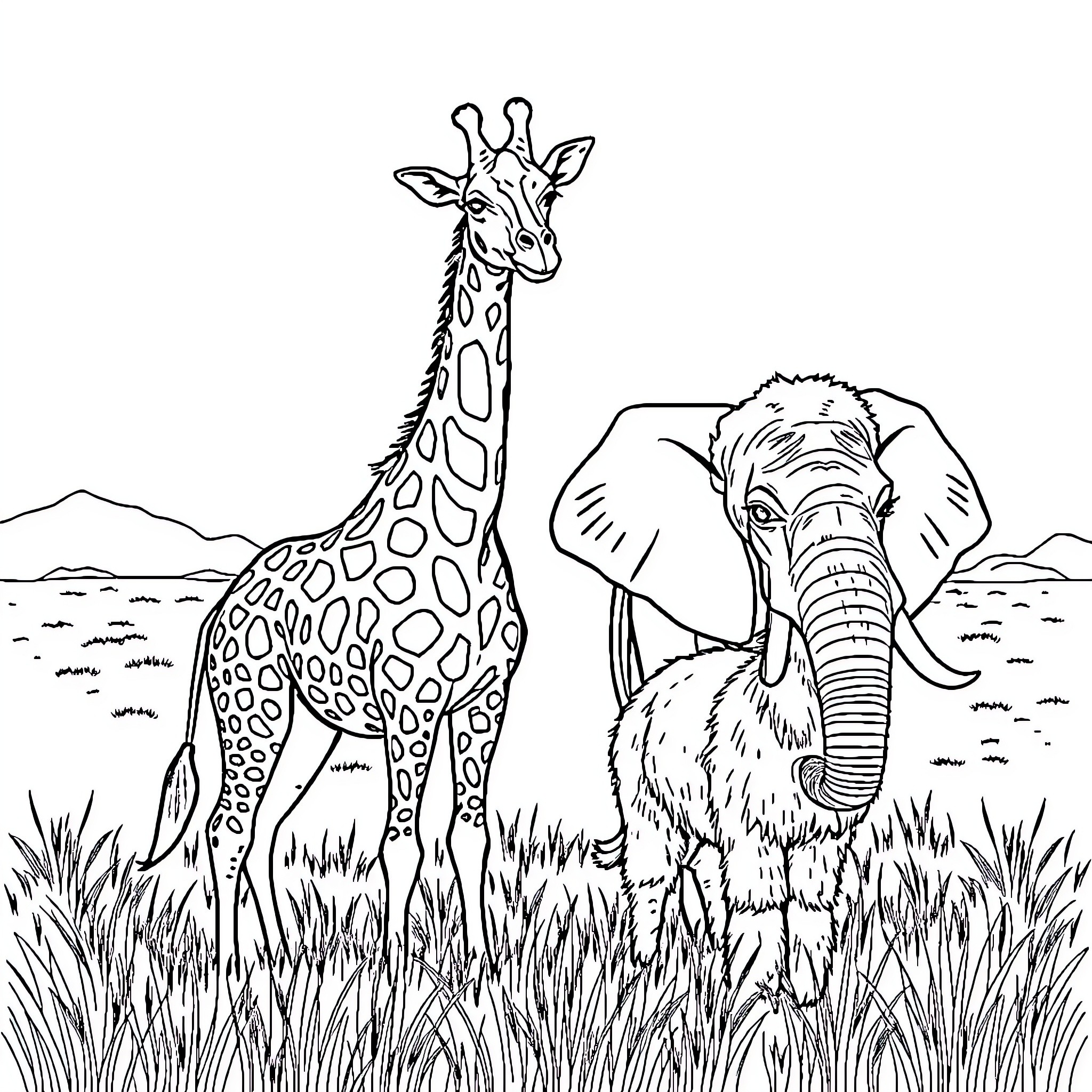 Giraffe and Elephant in the Savanna Coloring Page (free black-and-white line drawing printable PDF for all, from beginners to advanced learners, including children, teens, adults, and seniors)
