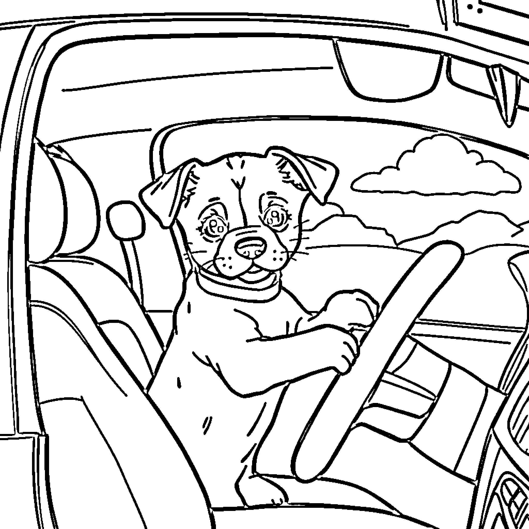 Puppy driving happily in the car Coloring Page (free black-and-white line drawing printable PDF for all, from beginners to advanced learners, including children, teens, adults, and seniors)