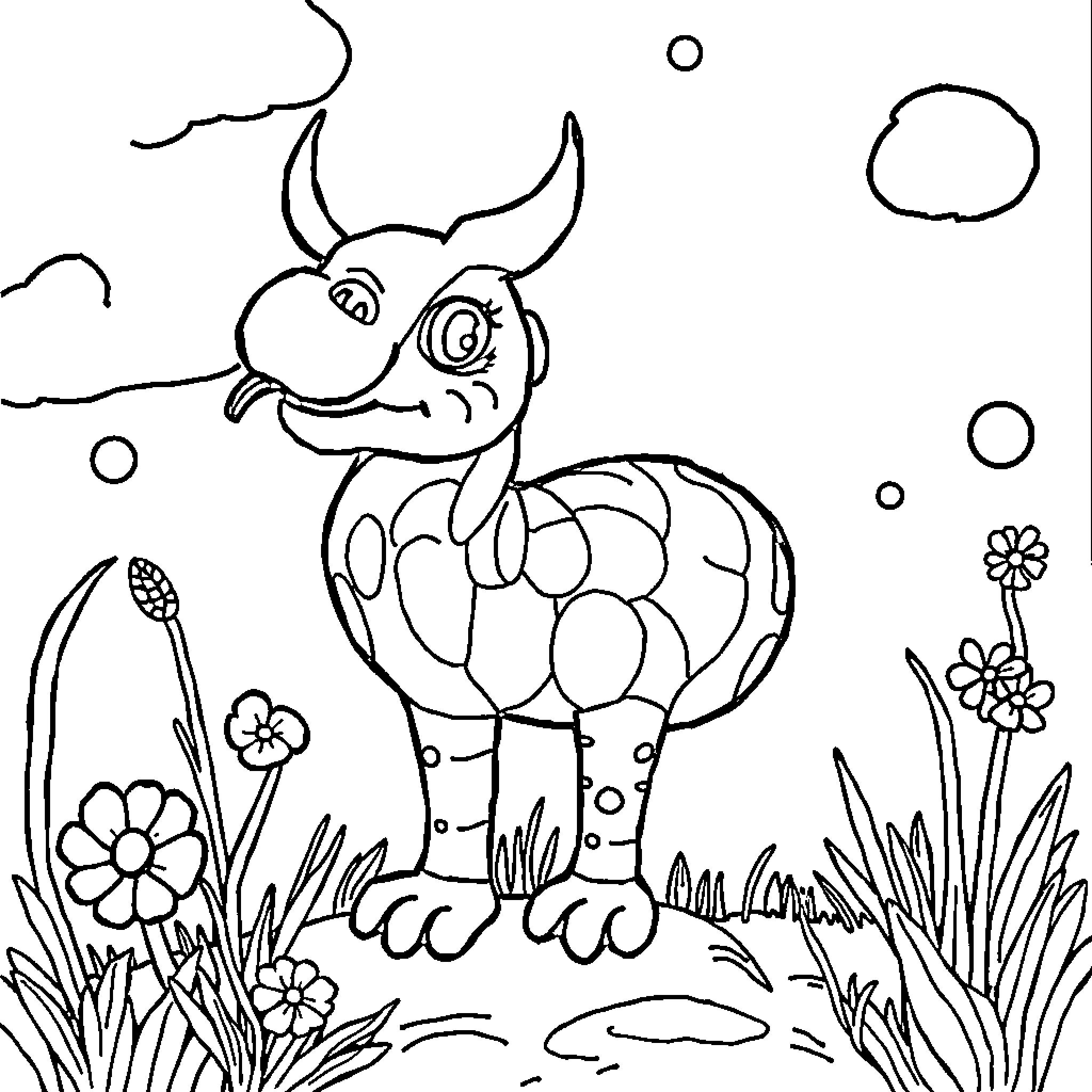 Kids Exploring Whimsical Creature in Nature Coloring Page (free black-and-white line drawing printable PDF for all, from beginners to advanced learners, including children, teens, adults, and seniors)