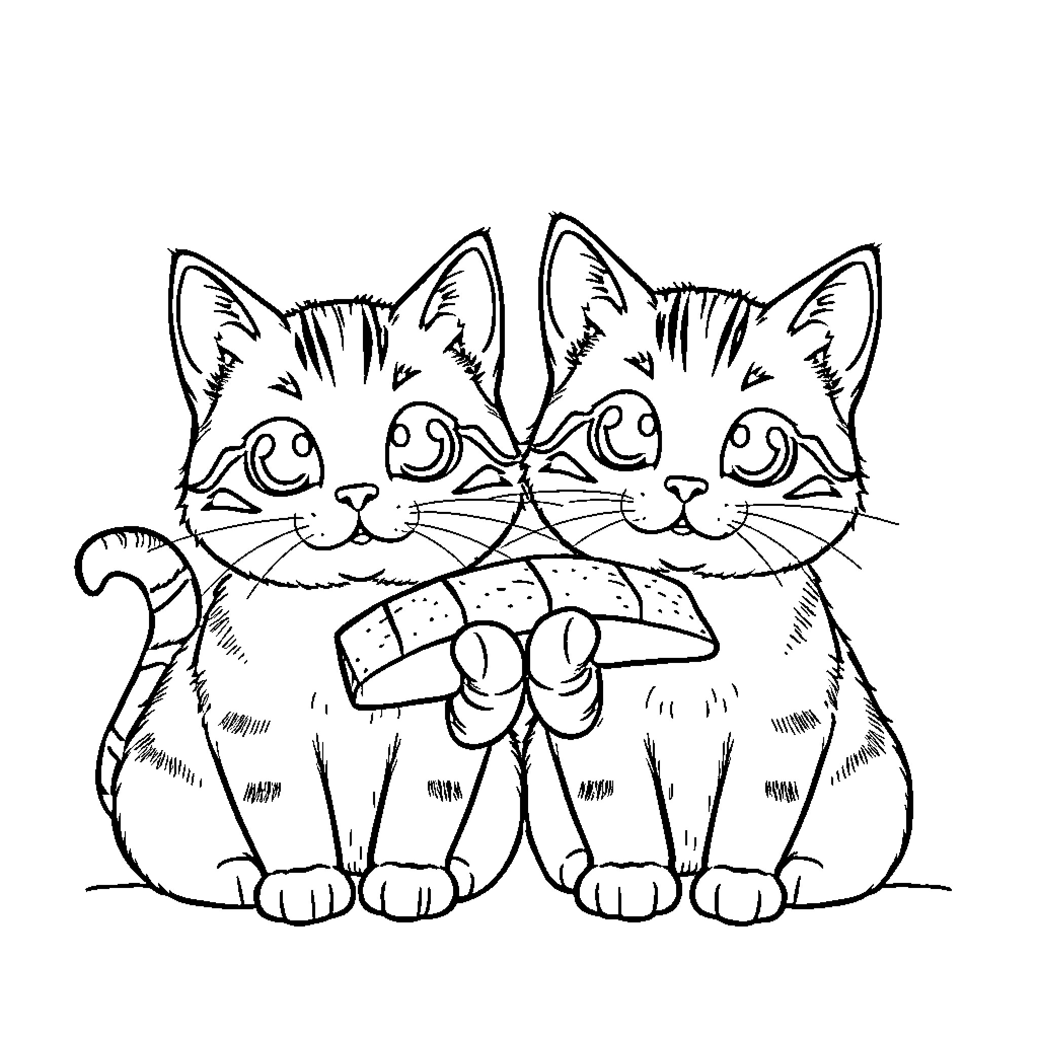 Cat Friends Sitting Together Coloring Page (free black-and-white line drawing printable PDF for all, from beginners to advanced learners, including children, teens, adults, and seniors)