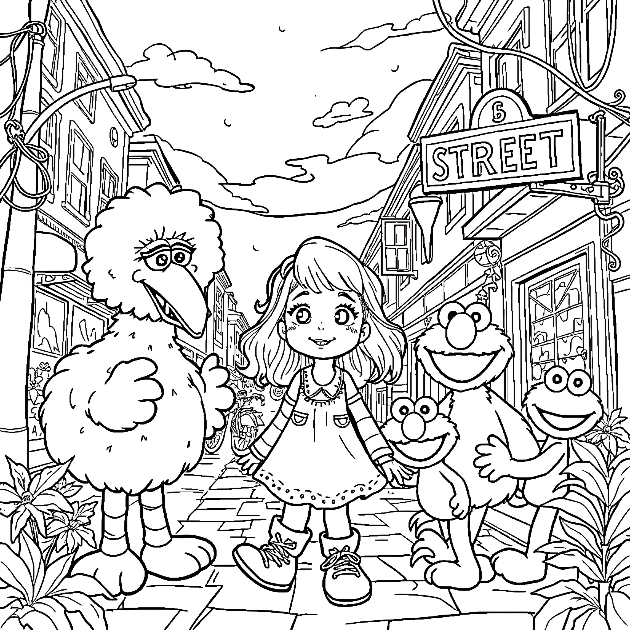 Lilith's Playful Adventure on the Street Coloring Page (free black-and-white line drawing printable PDF for all, from beginners to advanced learners, including children, teens, adults, and seniors)