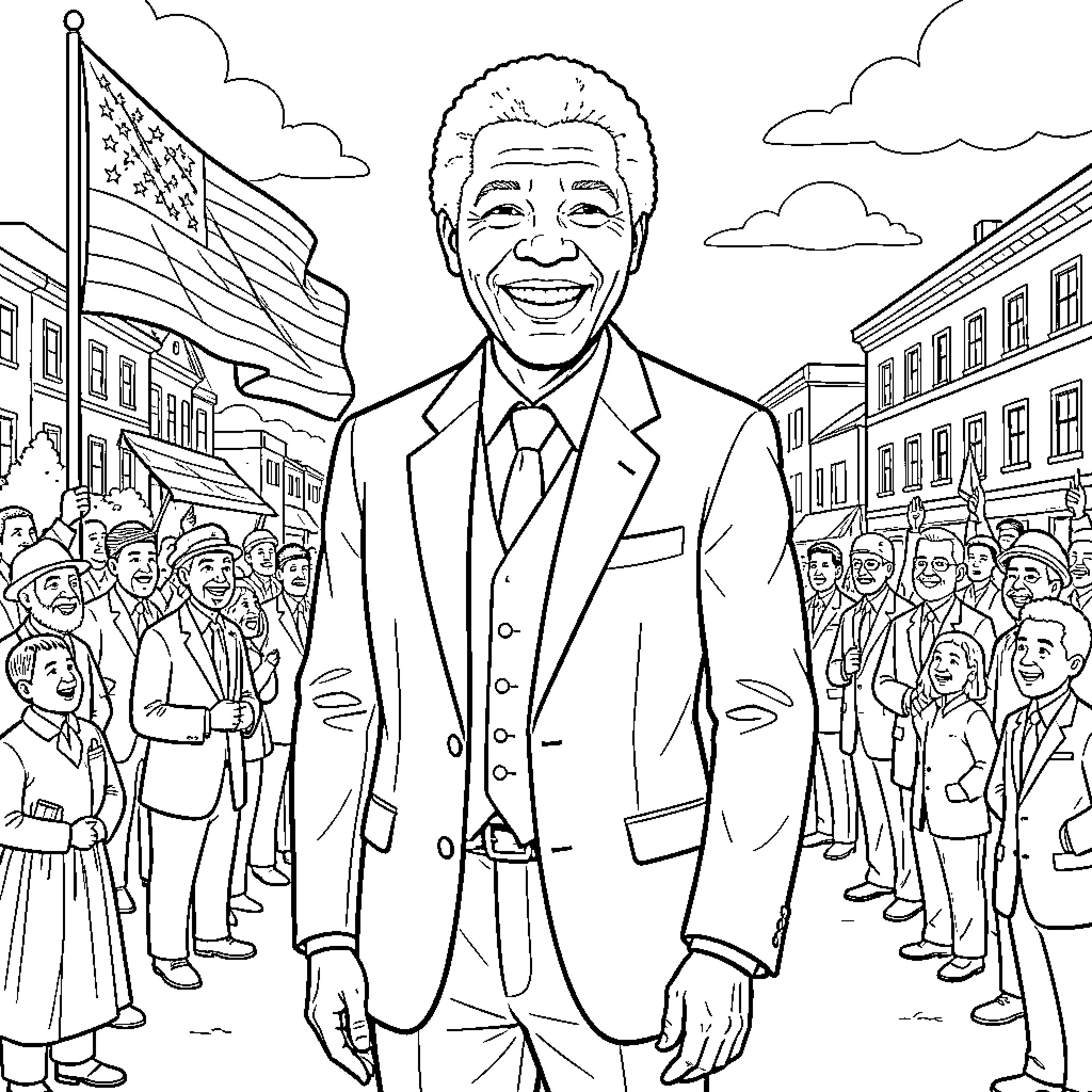 Nelson Mandela smiling in a suit among a crowd Coloring Page (free black-and-white line drawing printable PDF for all, from beginners to advanced learners, including children, teens, adults, and seniors)