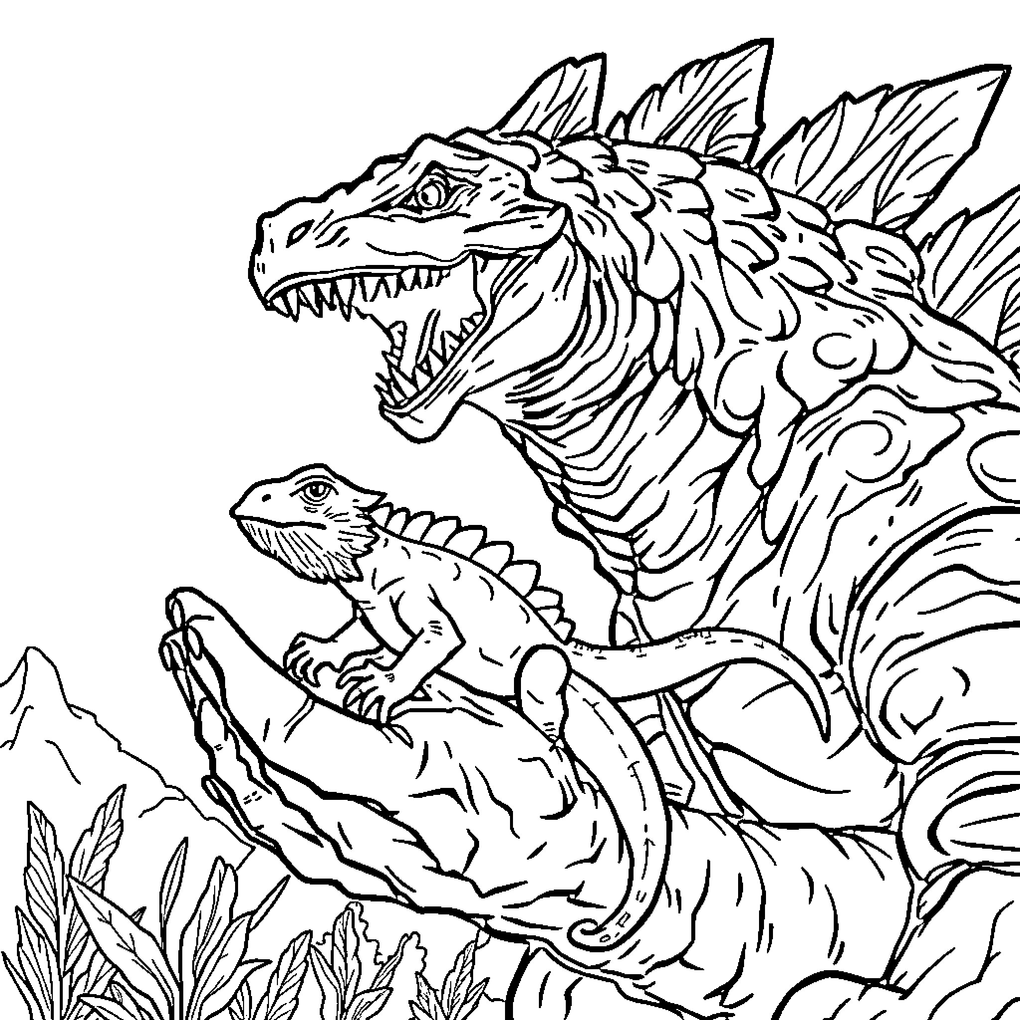 Godzilla's fearsome encounter with a tiny lizard in the wild Coloring Page (free black-and-white line drawing printable PDF for all, from beginners to advanced learners, including children, teens, adults, and seniors)
