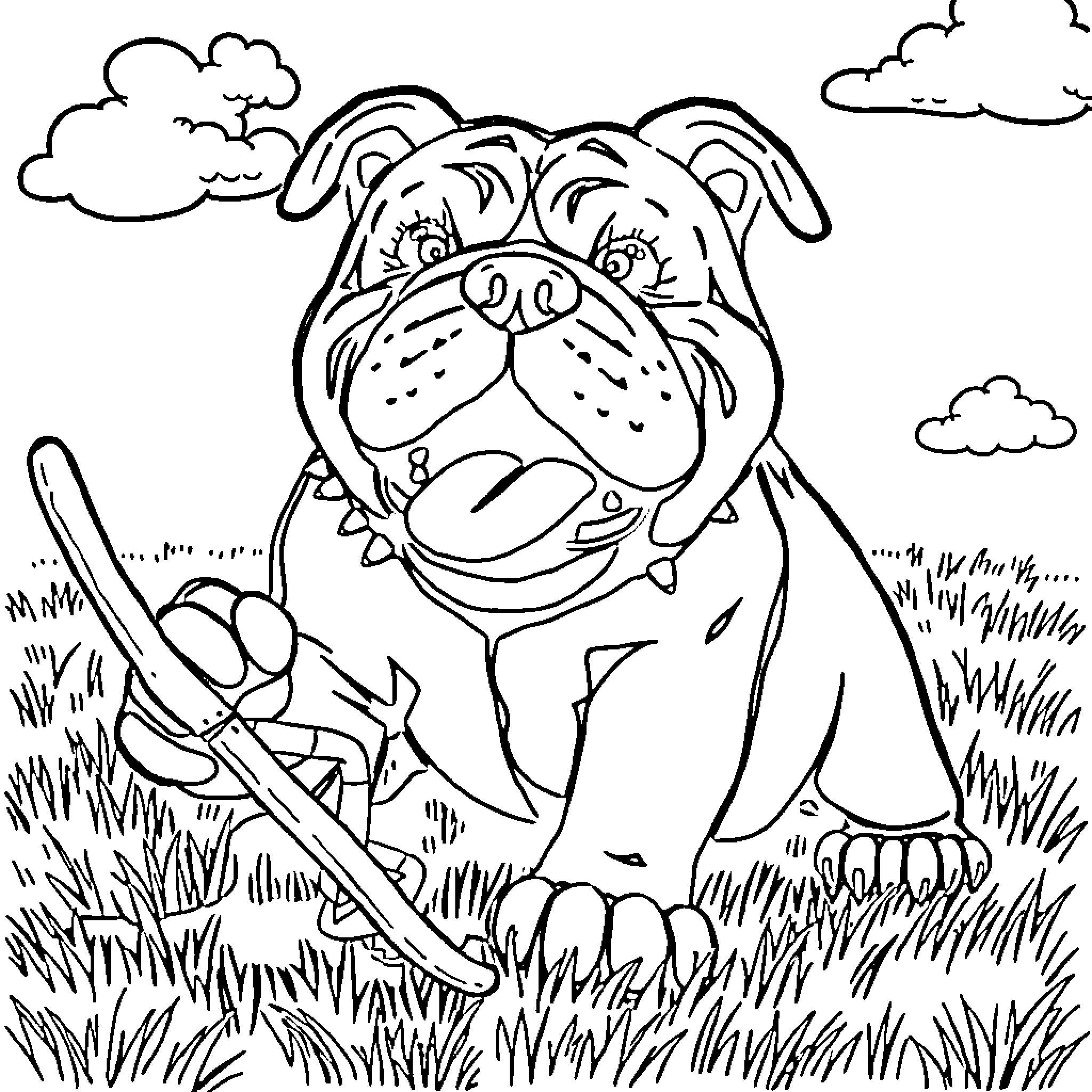 Bulldog enjoying the outdoors in a grassy field Coloring Page (free black-and-white line drawing printable PDF for all, from beginners to advanced learners, including children, teens, adults, and seniors)