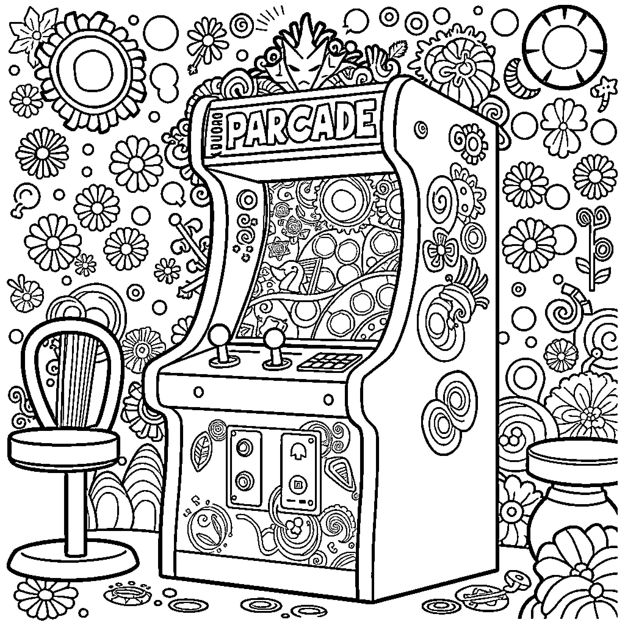 Arcade machine surrounded by whimsical designs Coloring Page (free black-and-white line drawing printable PDF for all, from beginners to advanced learners, including children, teens, adults, and seniors)